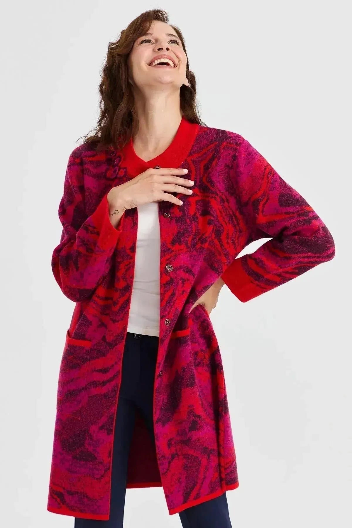 Women's Stand Collar Colorful Wave Patterned Long Wool Coat 