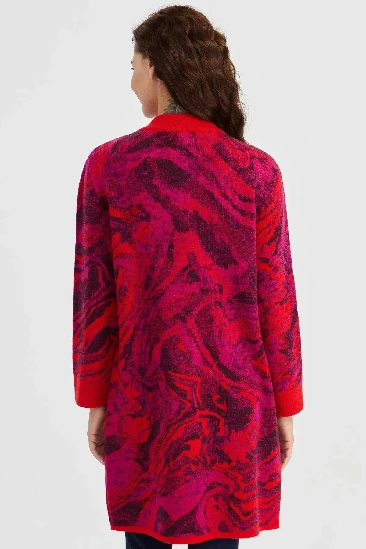 Women's Stand Collar Colorful Wave Patterned Long Wool Coat 