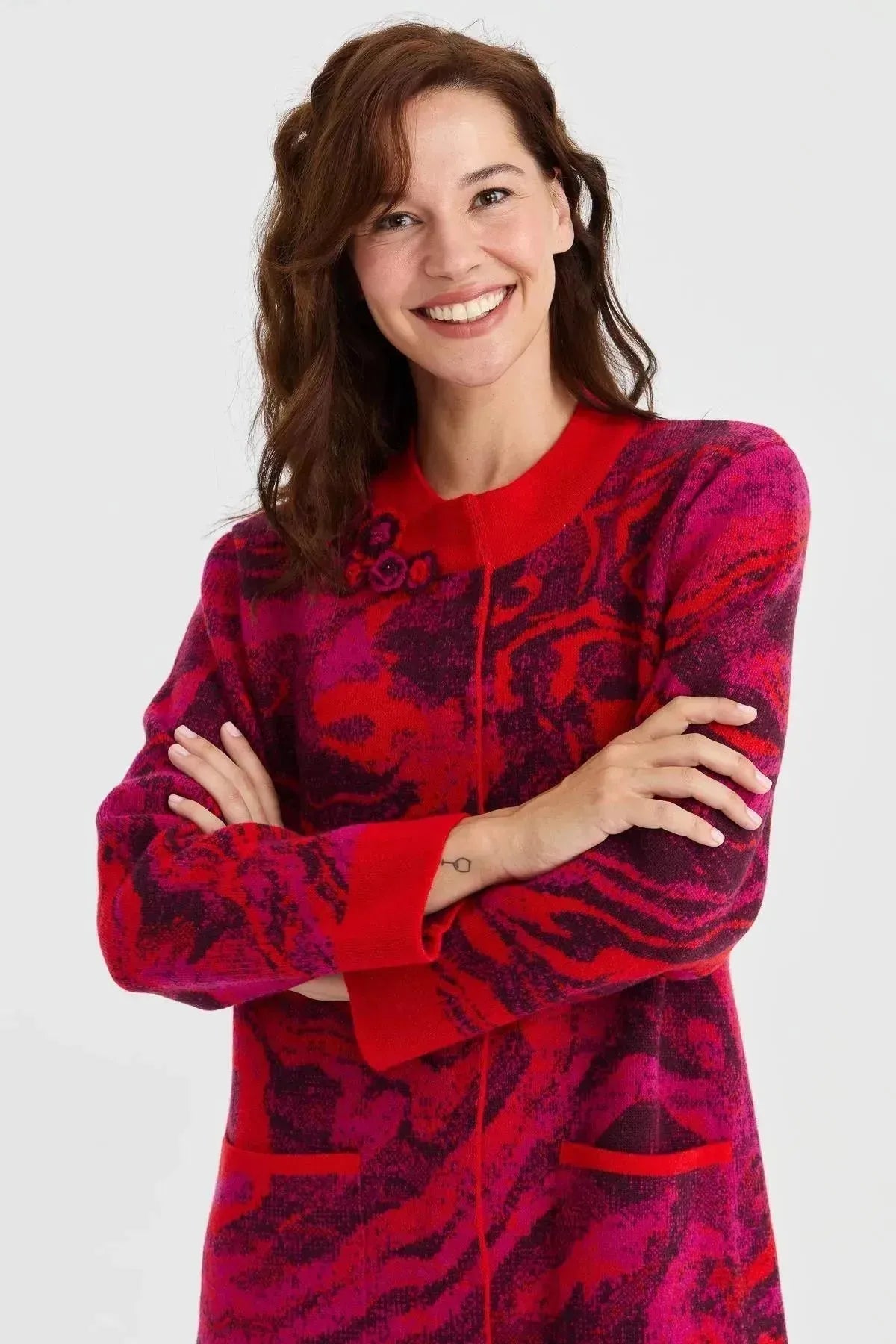 Women's Stand Collar Colorful Wave Patterned Long Wool Coat 