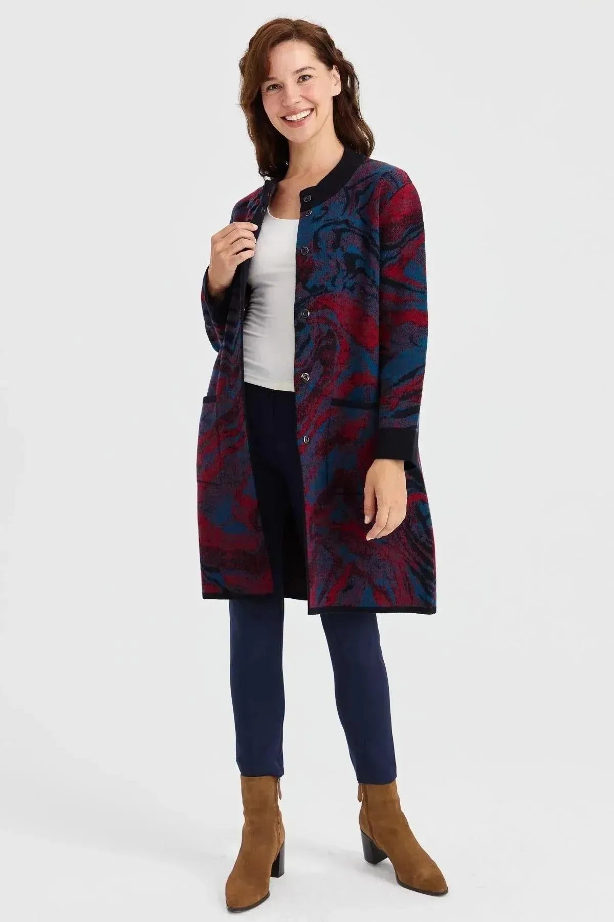 Women's Stand Collar Colorful Wave Patterned Long Wool Coat 