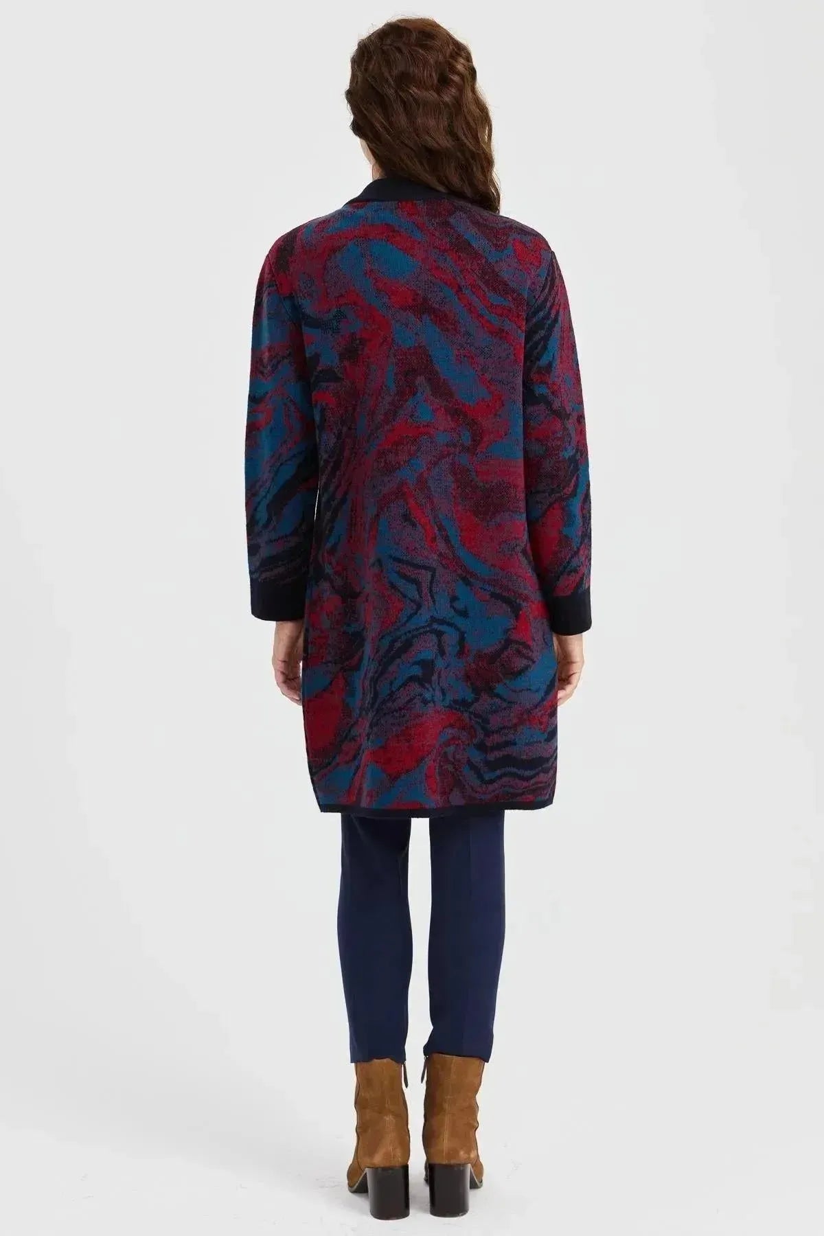 Women's Stand Collar Colorful Wave Patterned Long Wool Coat 