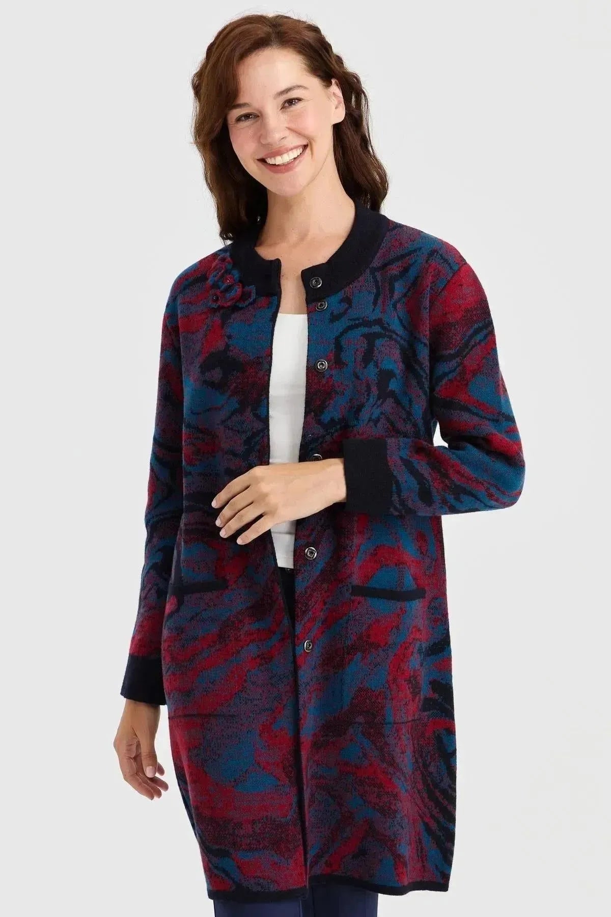Women's Stand Collar Colorful Wave Patterned Long Wool Coat 