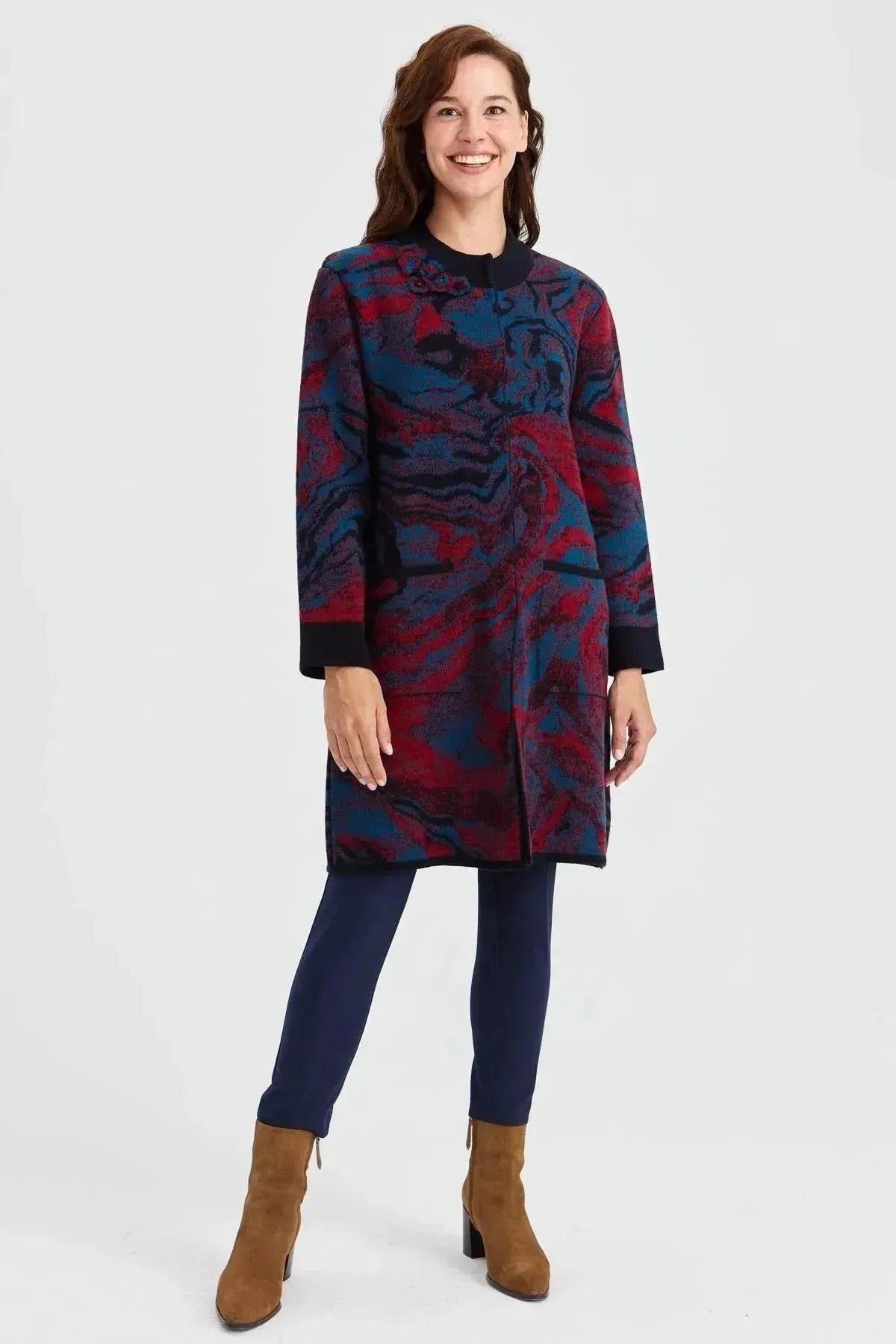 Women's Stand Collar Colorful Wave Patterned Long Wool Coat 