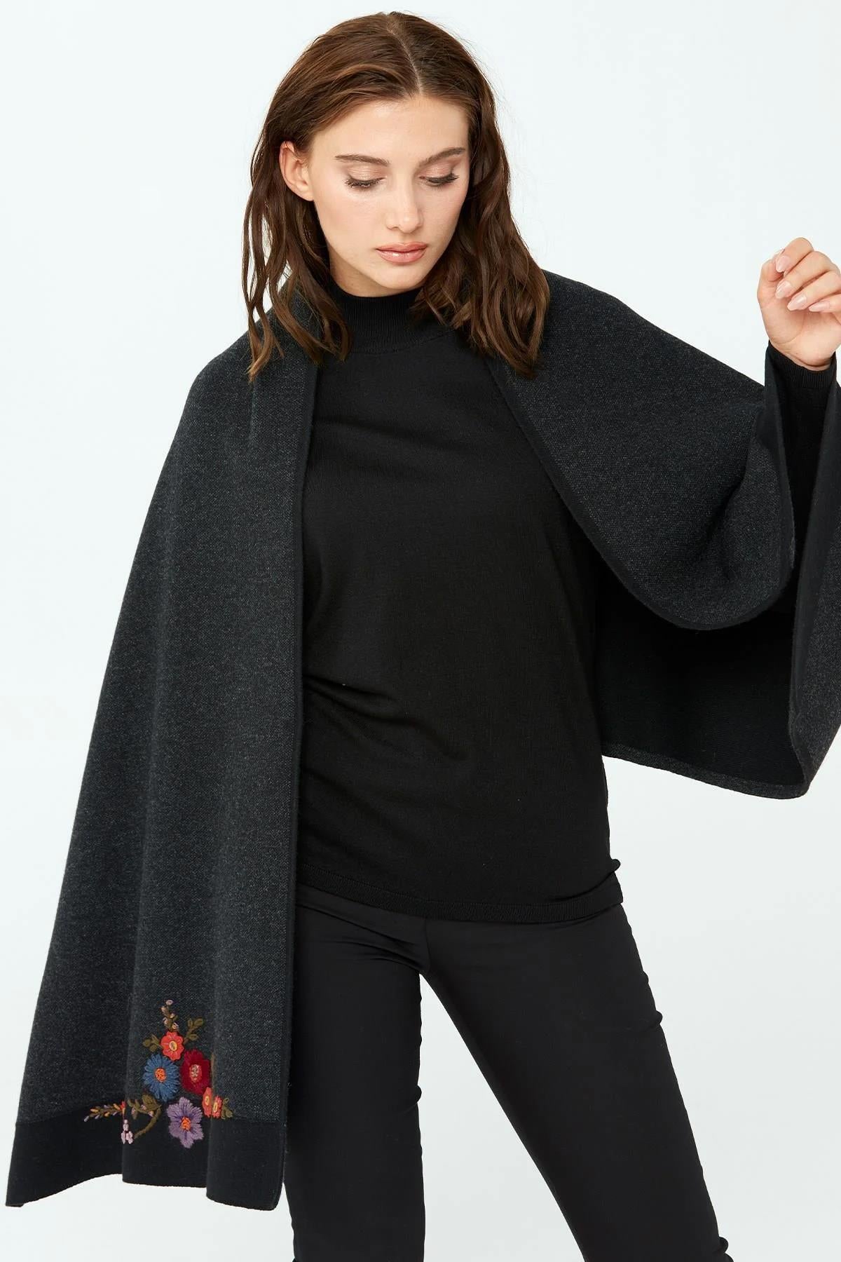 Flower Embroidered Knitted Shawl 