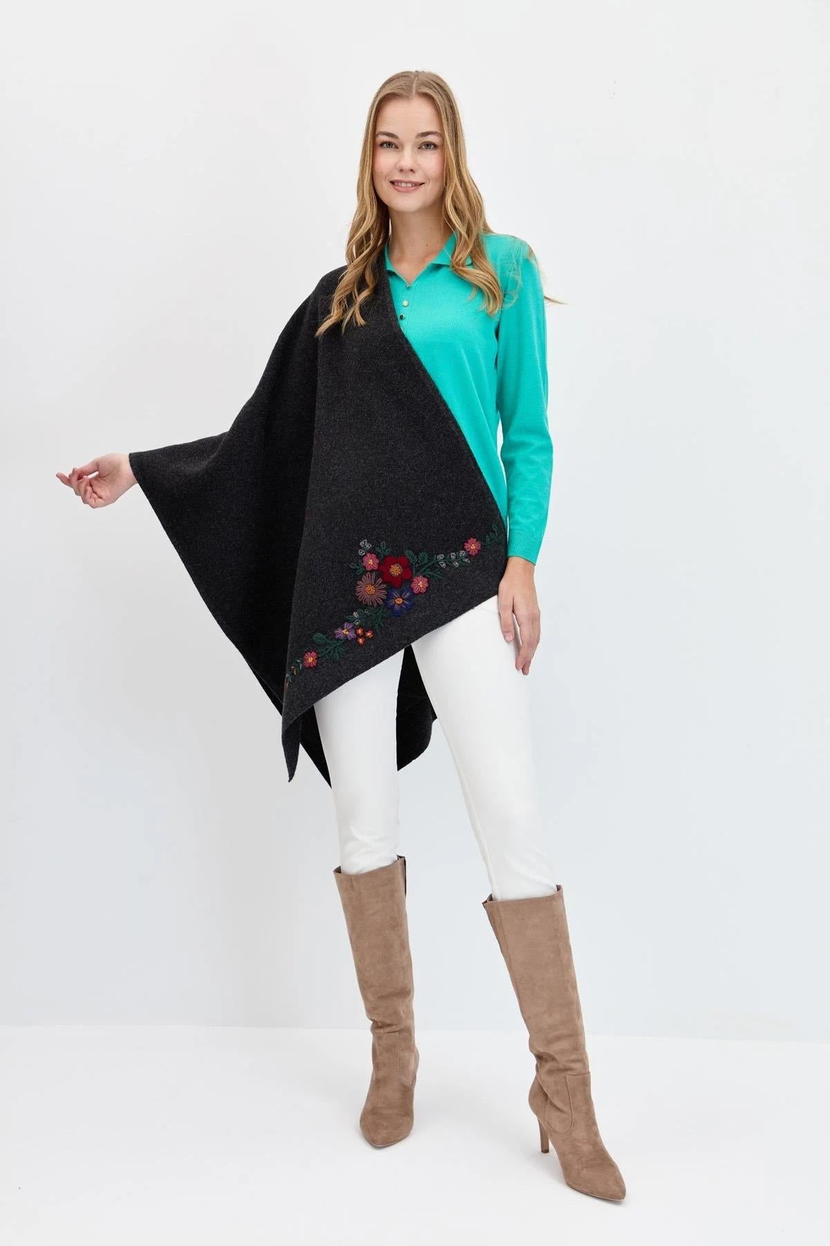 Flower Embroidered Knitted Shawl 