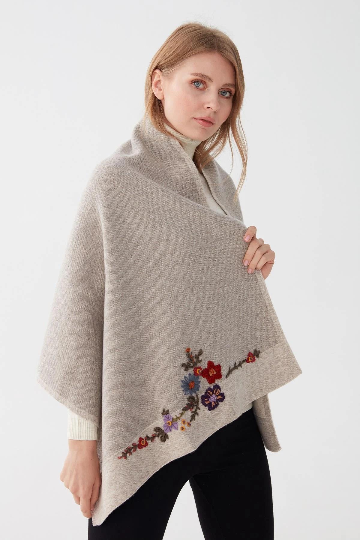 Flower Embroidered Knitted Shawl 
