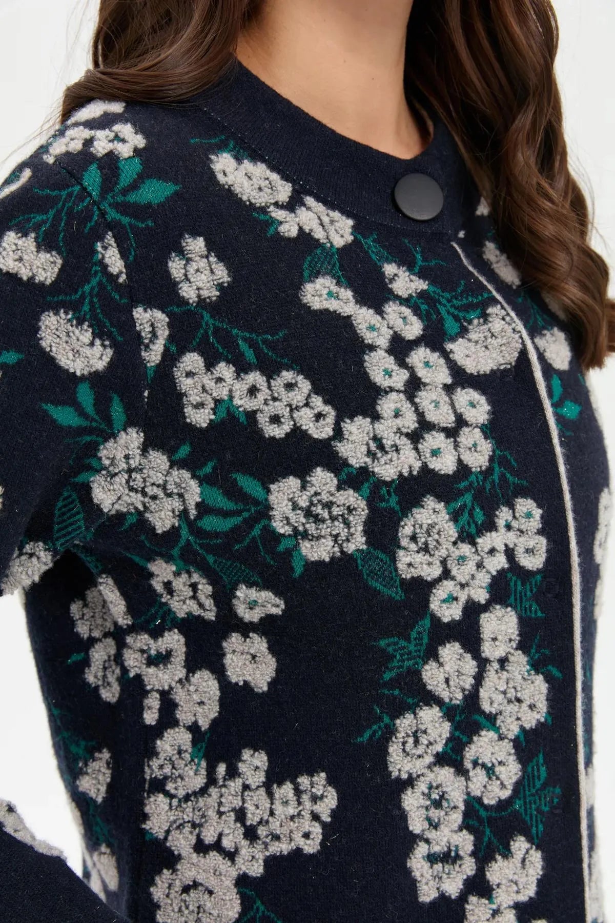 Stand Collar Long Wool Coat with Patchwork Flowers 