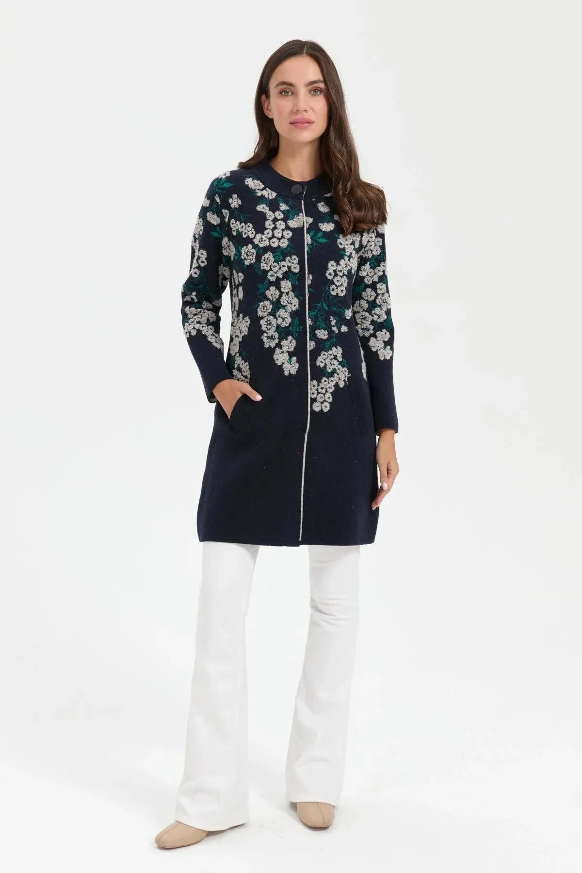 Stand Collar Long Wool Coat with Patchwork Flowers 
