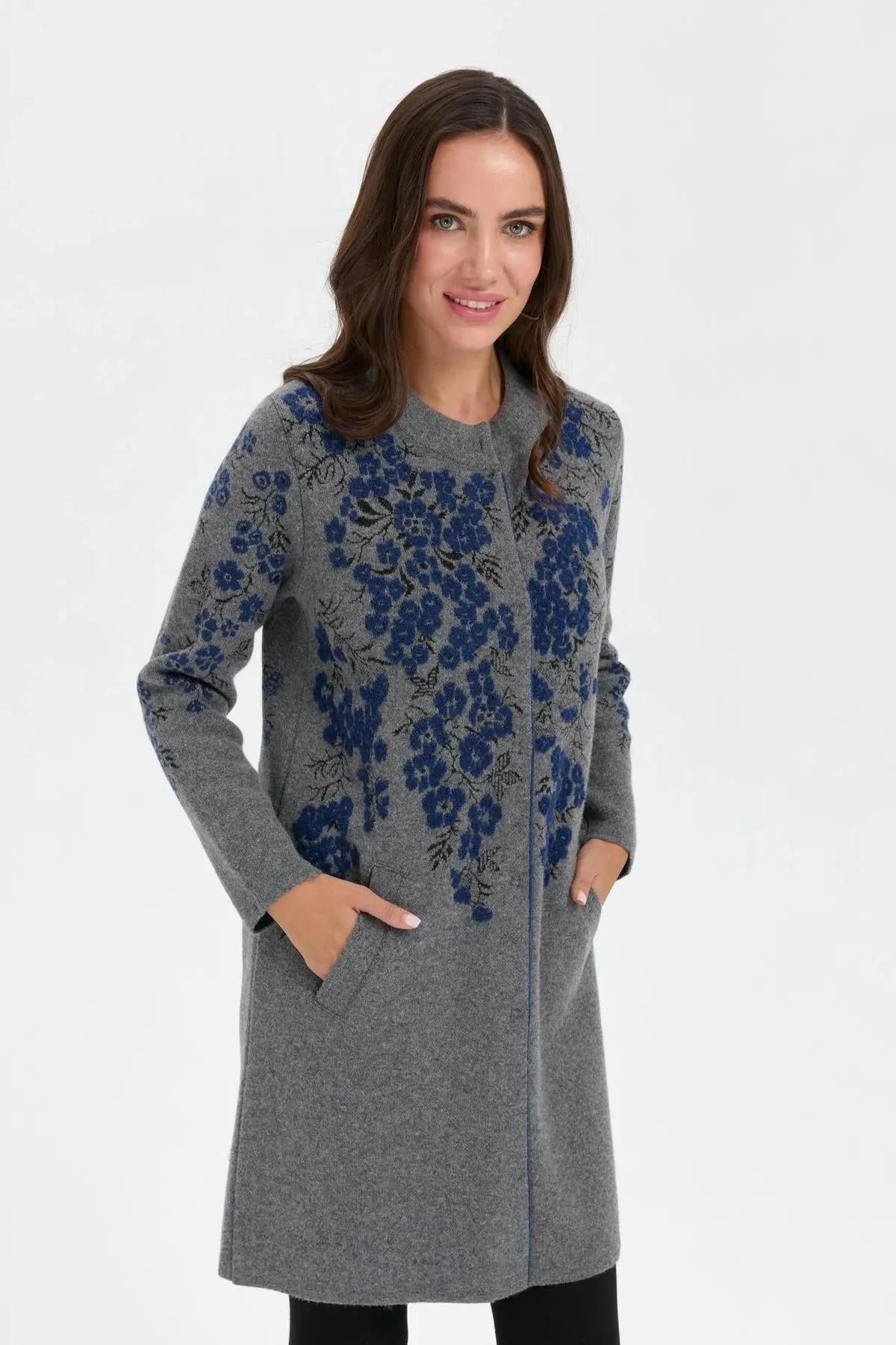 Stand Collar Long Wool Coat with Patchwork Flowers 