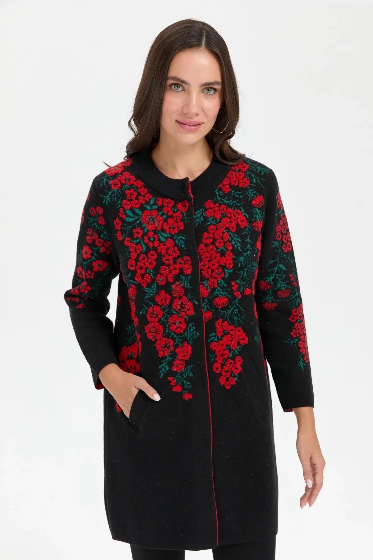 Stand Collar Long Wool Coat with Patchwork Flowers 