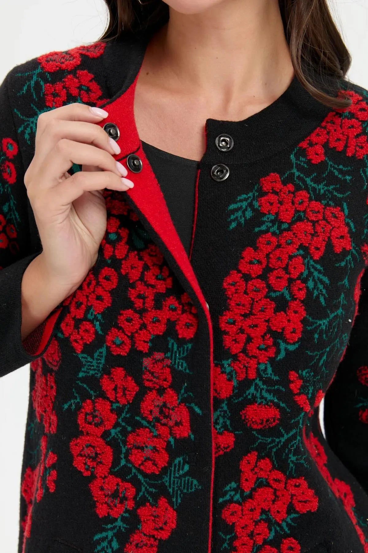 Stand Collar Long Wool Coat with Patchwork Flowers 