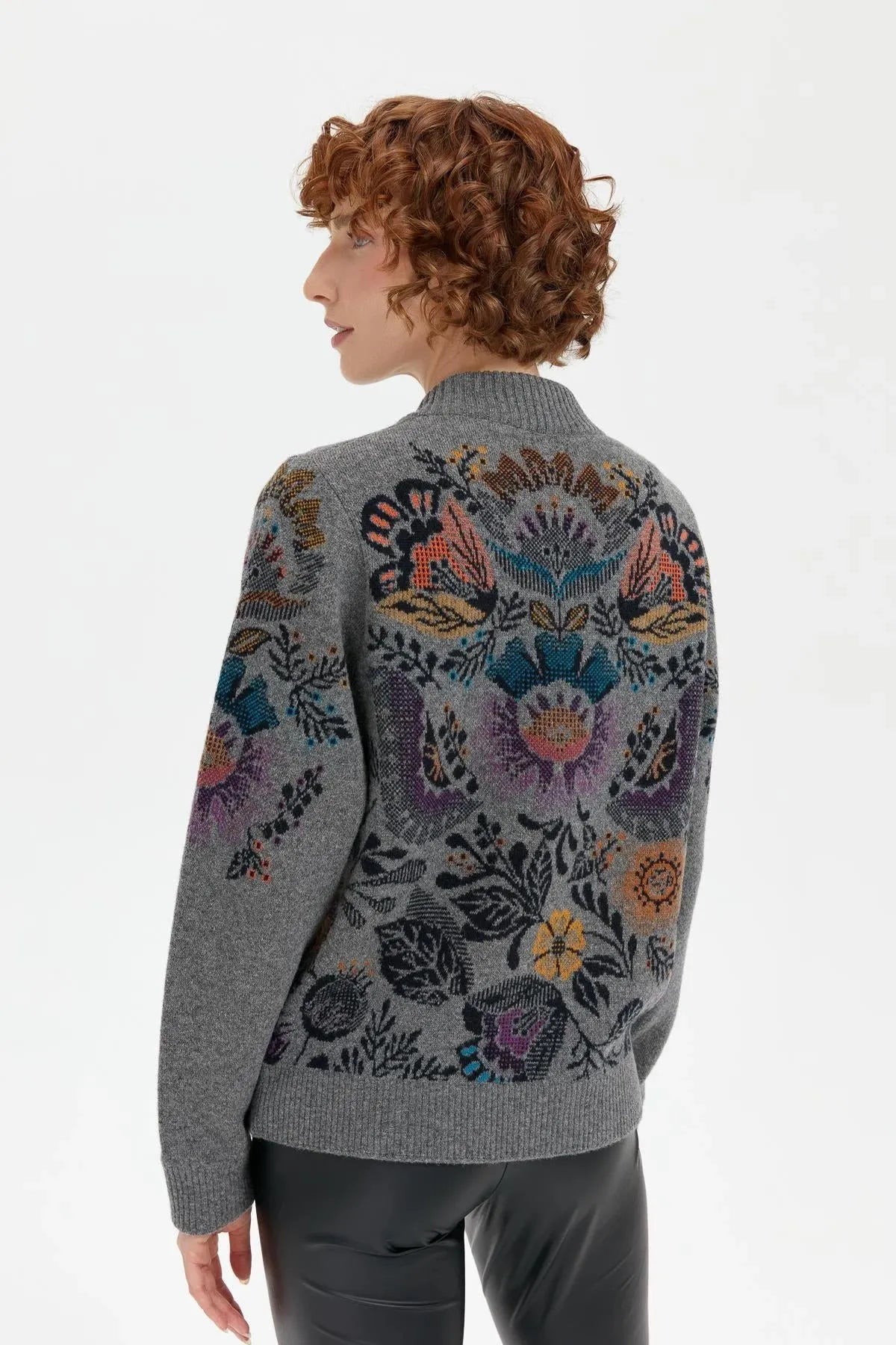 Wool Jacket with Floral Pattern on the Back and Sleeves of the Grandad Collar 