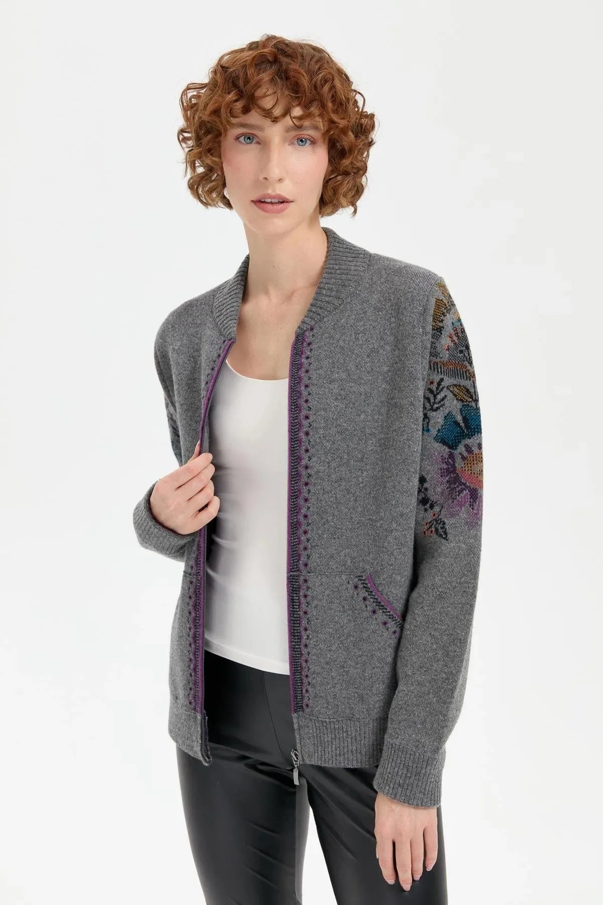 Wool Jacket with Floral Pattern on the Back and Sleeves of the Grandad Collar 