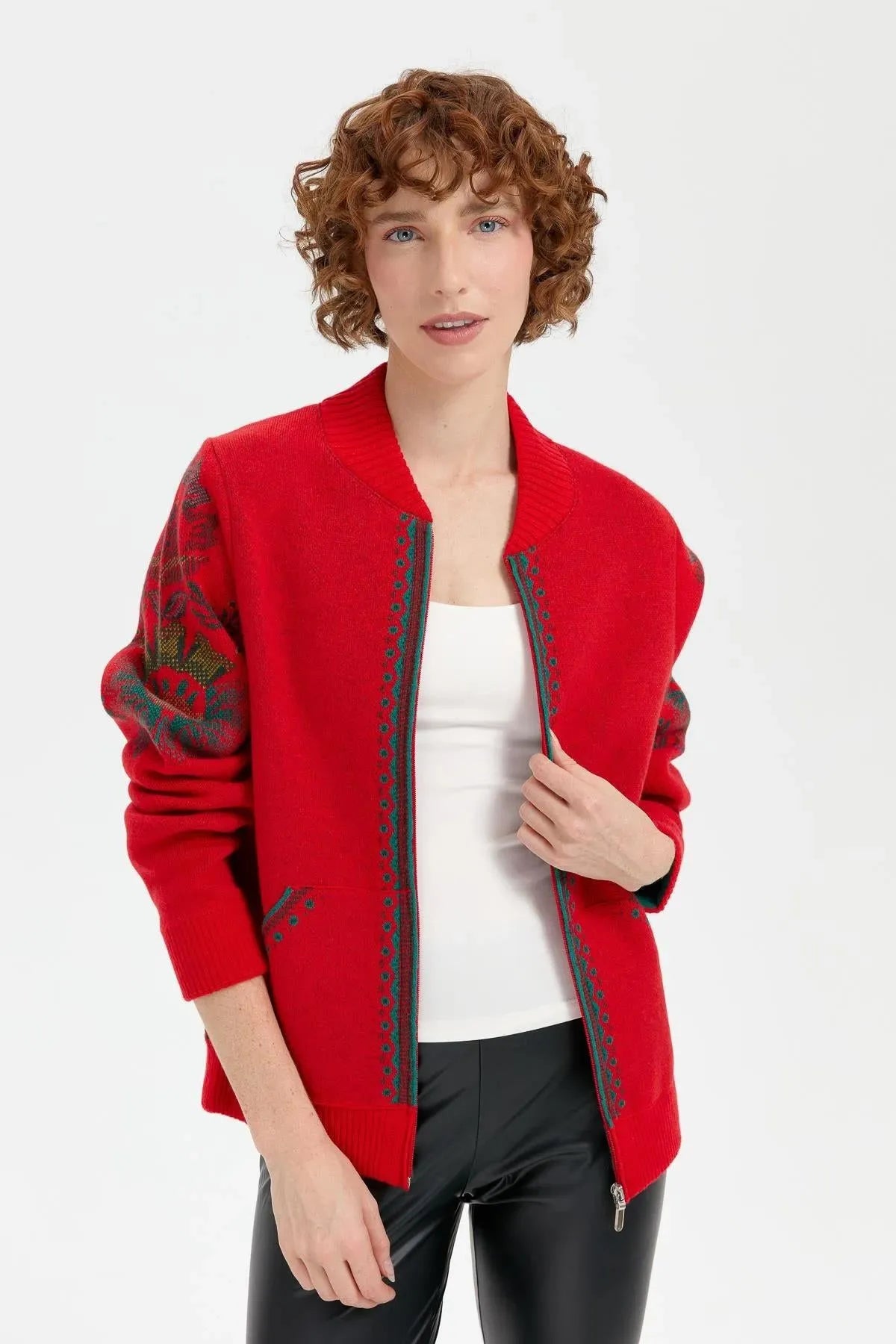 Wool Jacket with Floral Pattern on the Back and Sleeves of the Grandad Collar 