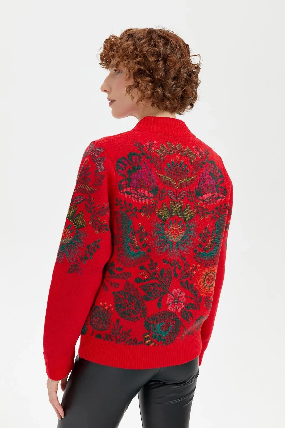 Wool Jacket with Floral Pattern on the Back and Sleeves of the Grandad Collar 