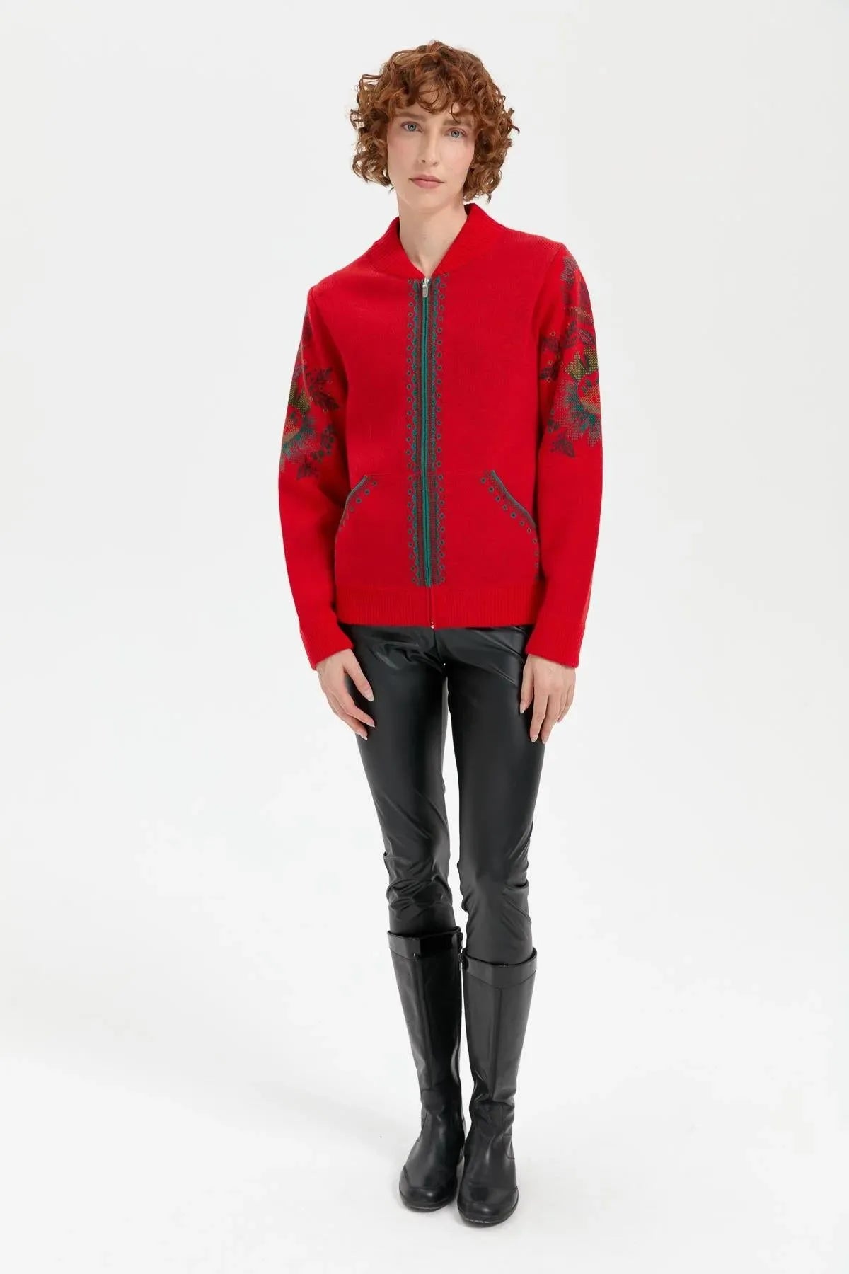 Wool Jacket with Floral Pattern on the Back and Sleeves of the Grandad Collar 