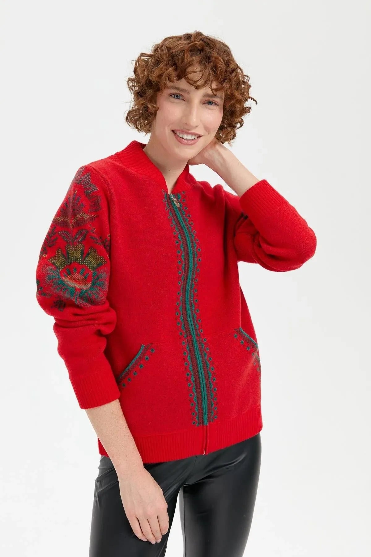 Wool Jacket with Floral Pattern on the Back and Sleeves of the Grandad Collar 