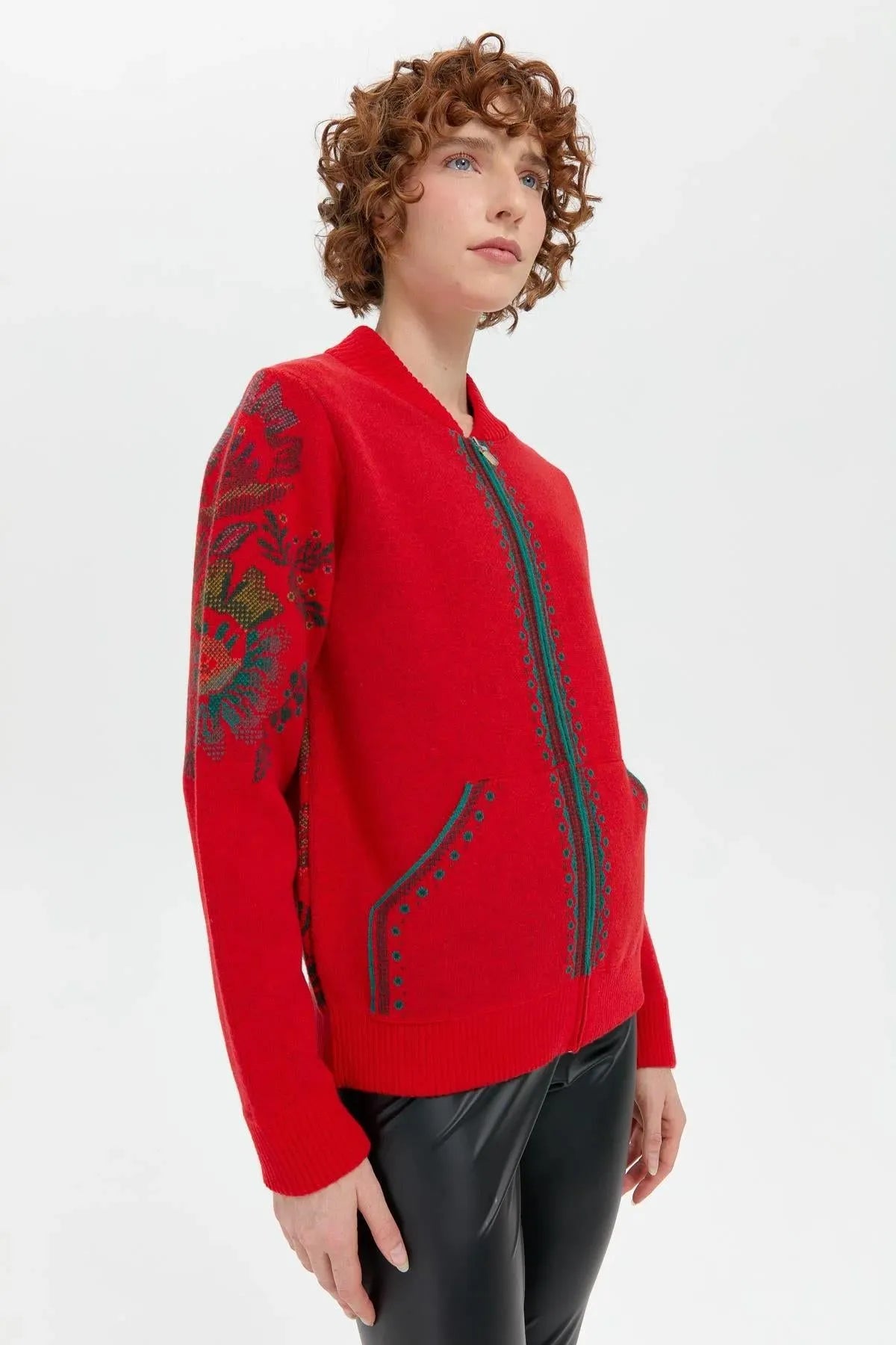 Wool Jacket with Floral Pattern on the Back and Sleeves of the Grandad Collar 