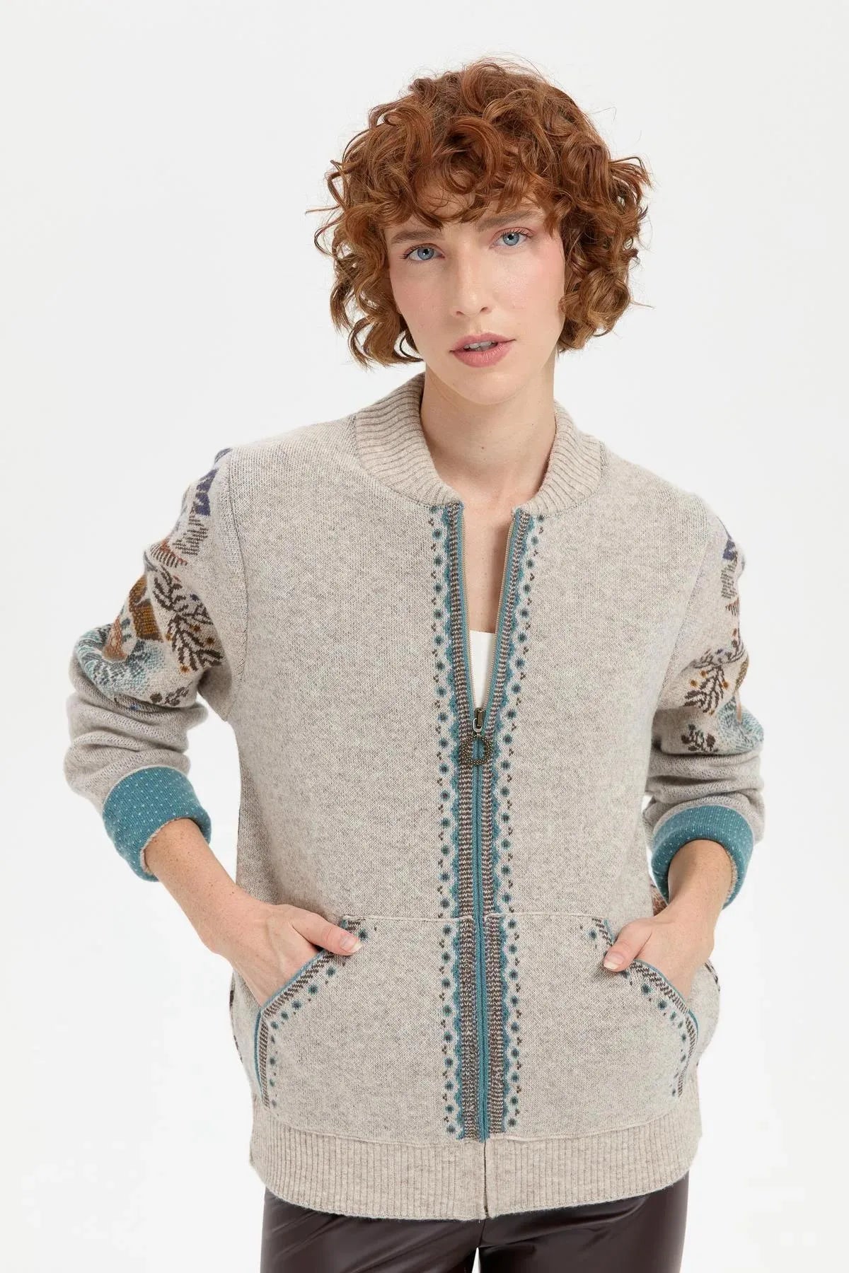 Wool Jacket with Floral Pattern on the Back and Sleeves of the Grandad Collar 