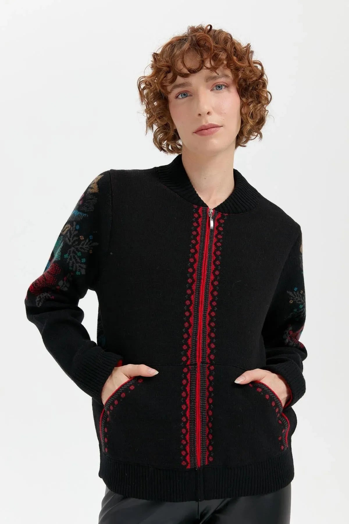 Wool Jacket with Floral Pattern on the Back and Sleeves of the Grandad Collar 