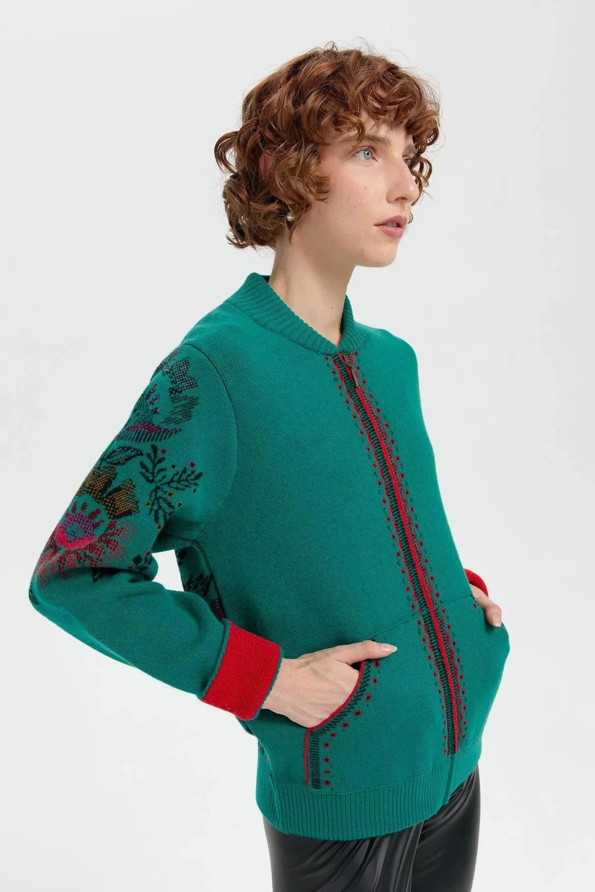 Wool Jacket with Floral Pattern on the Back and Sleeves of the Grandad Collar 
