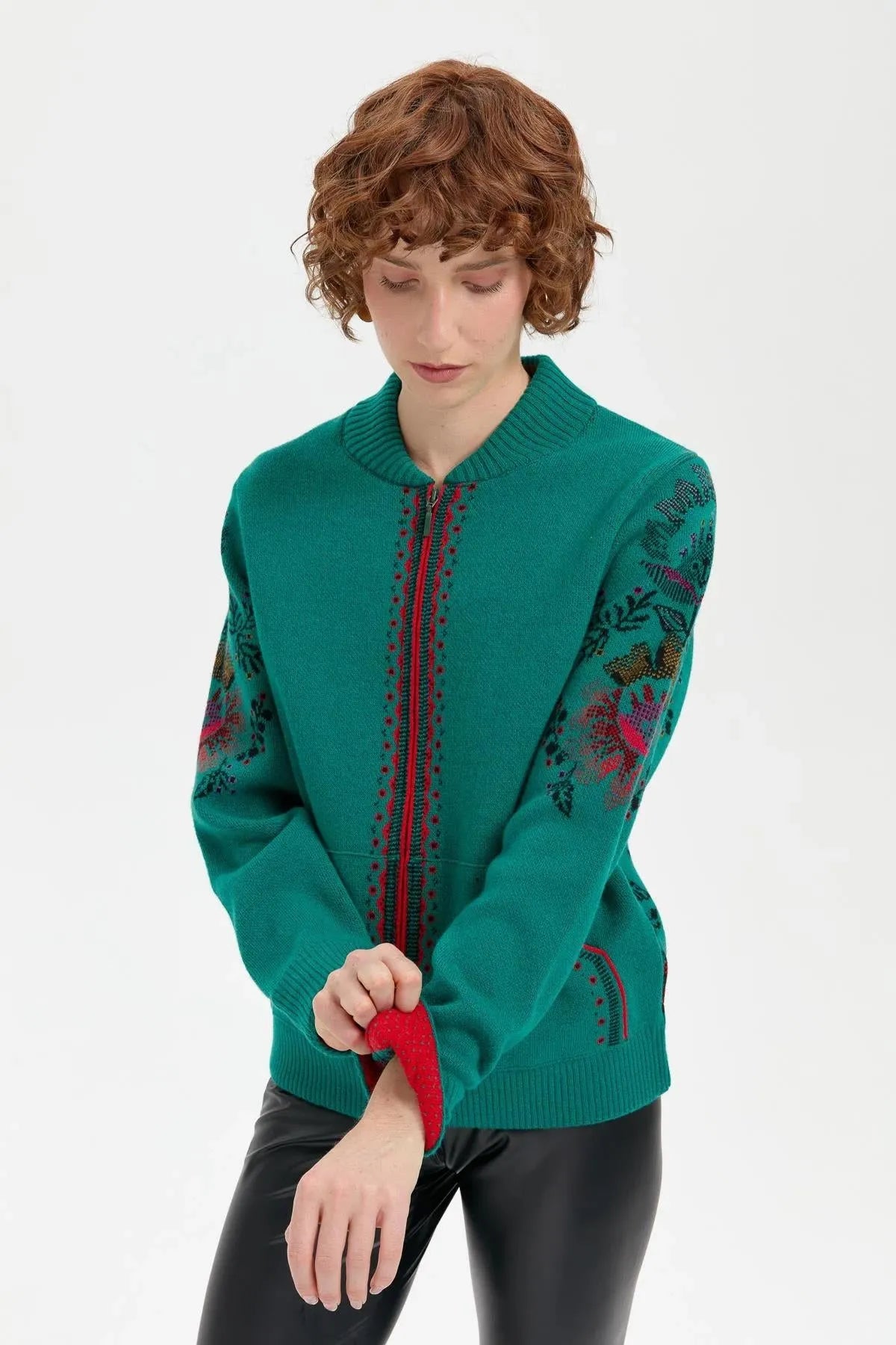 Wool Jacket with Floral Pattern on the Back and Sleeves of the Grandad Collar 