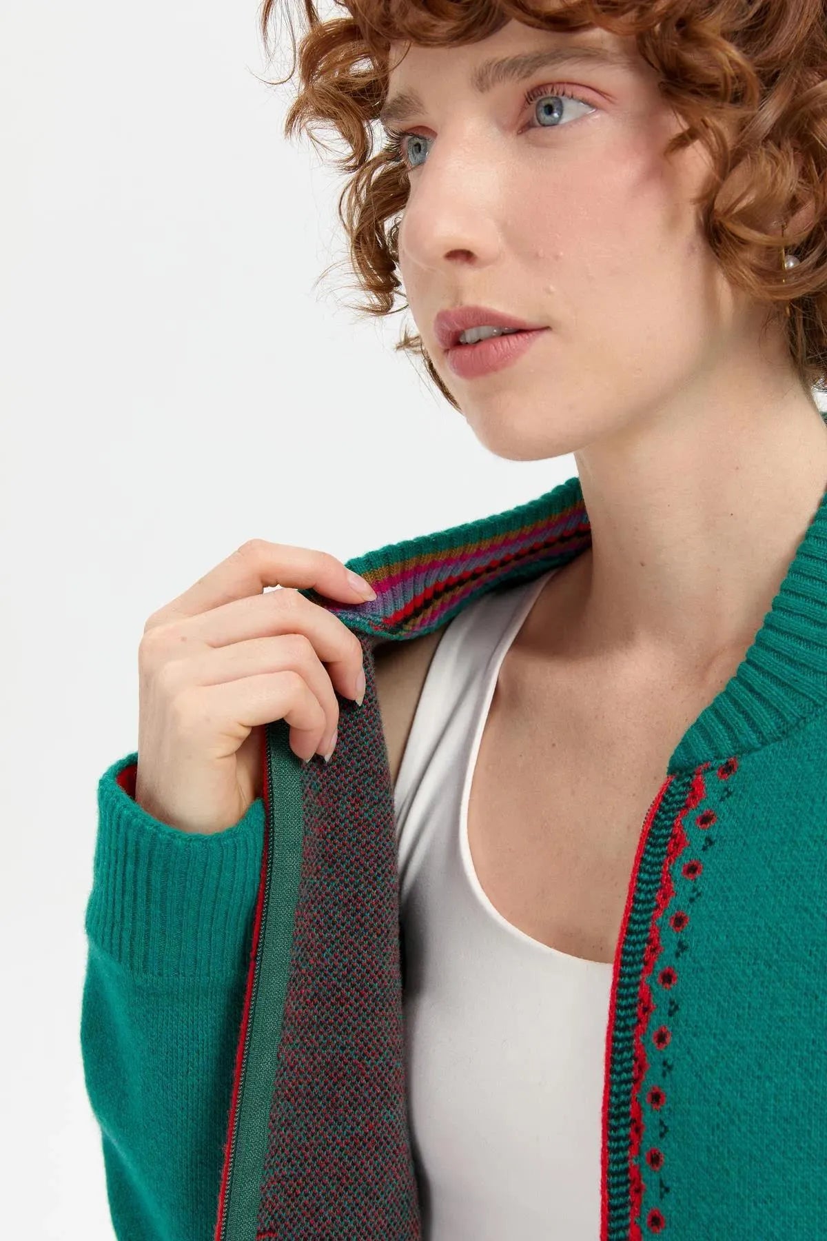 Wool Jacket with Floral Pattern on the Back and Sleeves of the Grandad Collar 