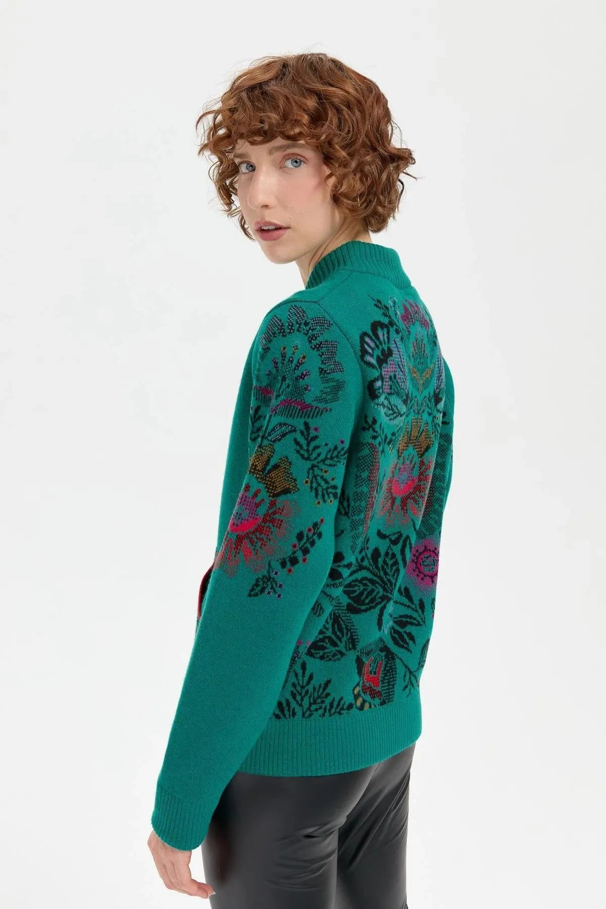 Wool Jacket with Floral Pattern on the Back and Sleeves of the Grandad Collar 
