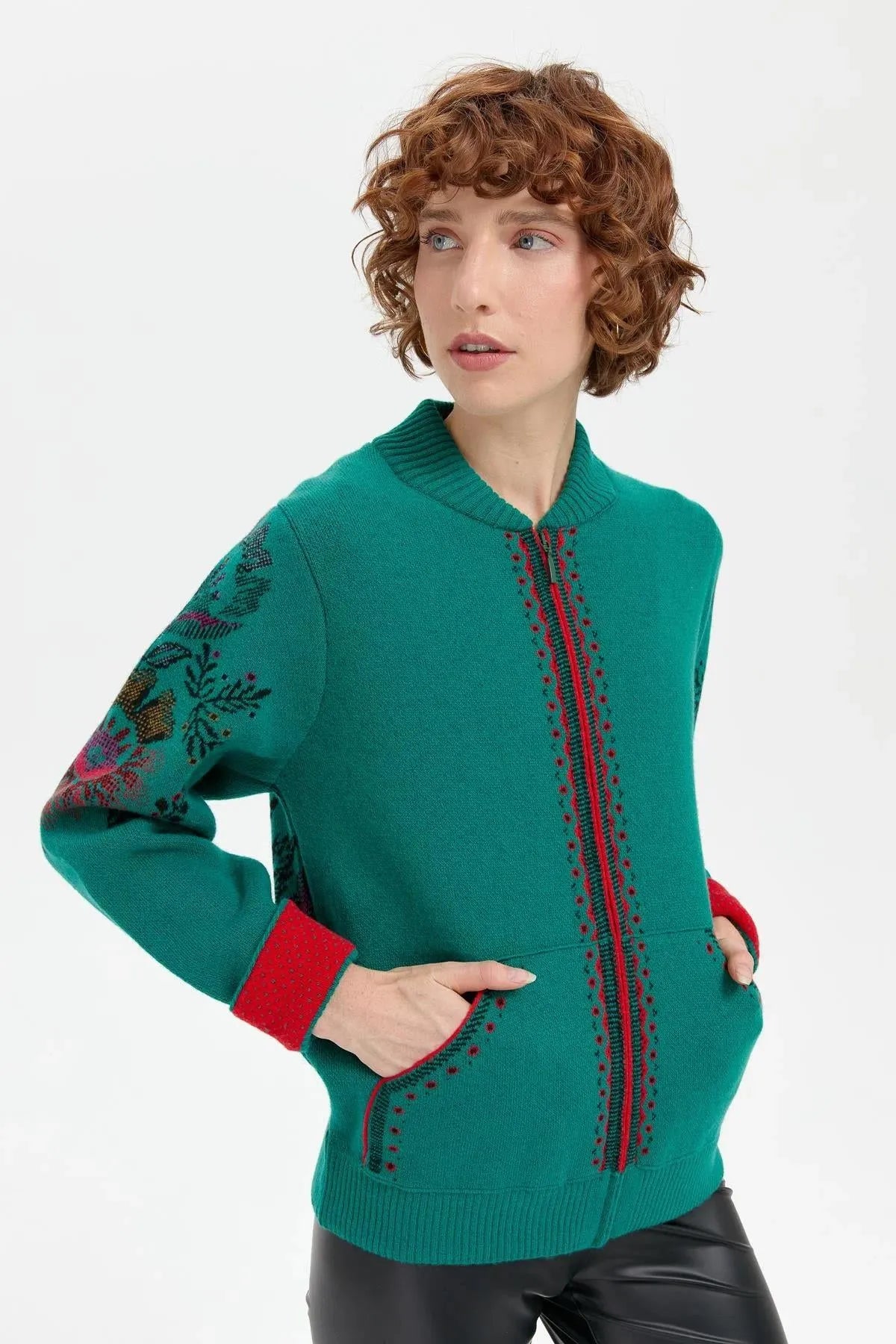 Wool Jacket with Floral Pattern on the Back and Sleeves of the Grandad Collar 