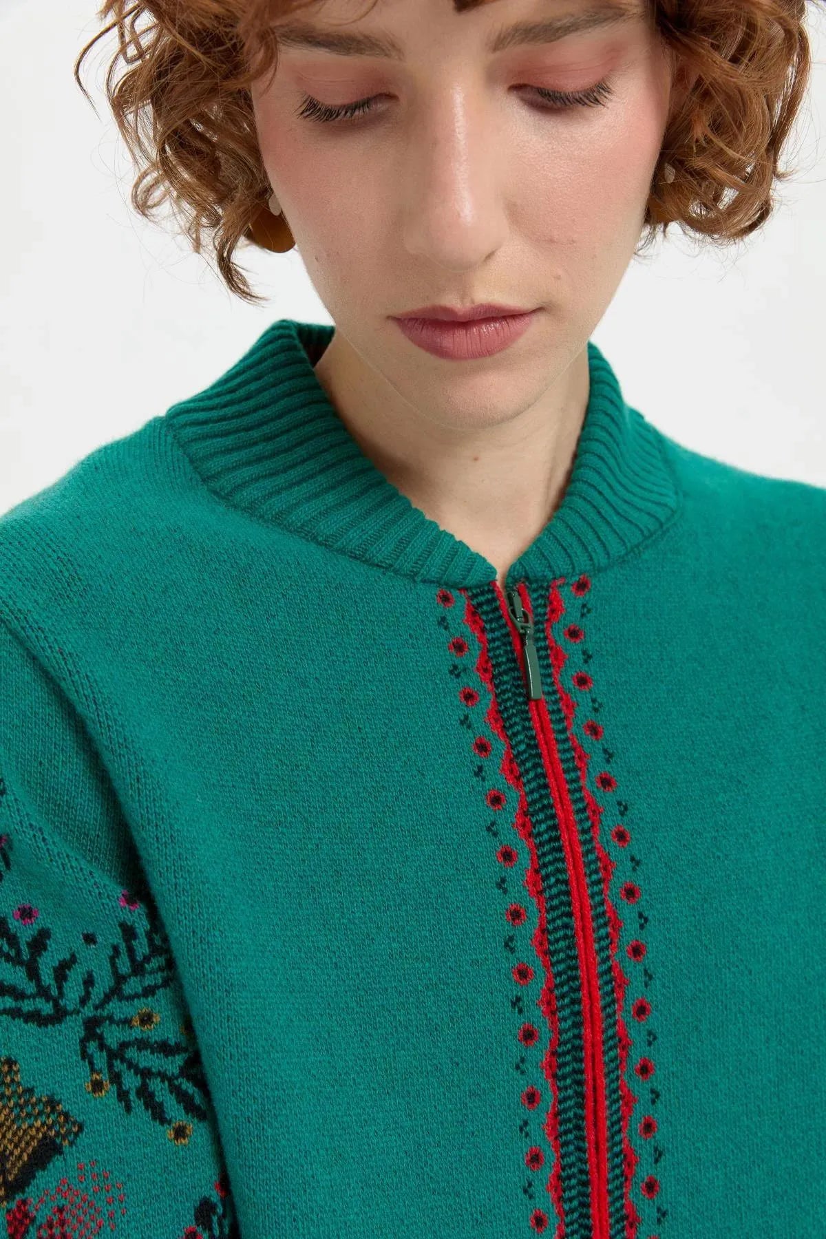 Wool Jacket with Floral Pattern on the Back and Sleeves of the Grandad Collar 
