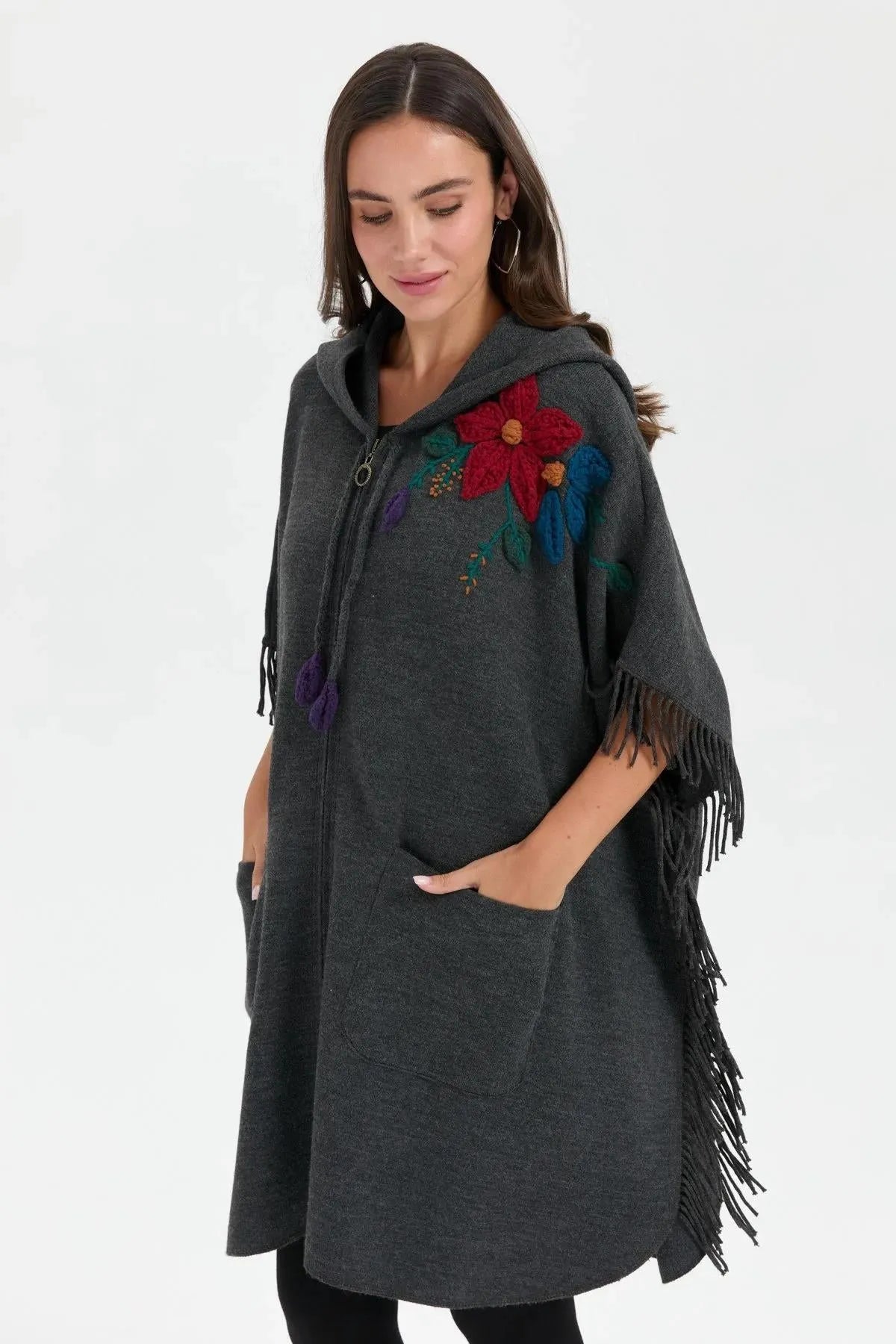 Hooded Shoulder Flower Embroidered Poncho 