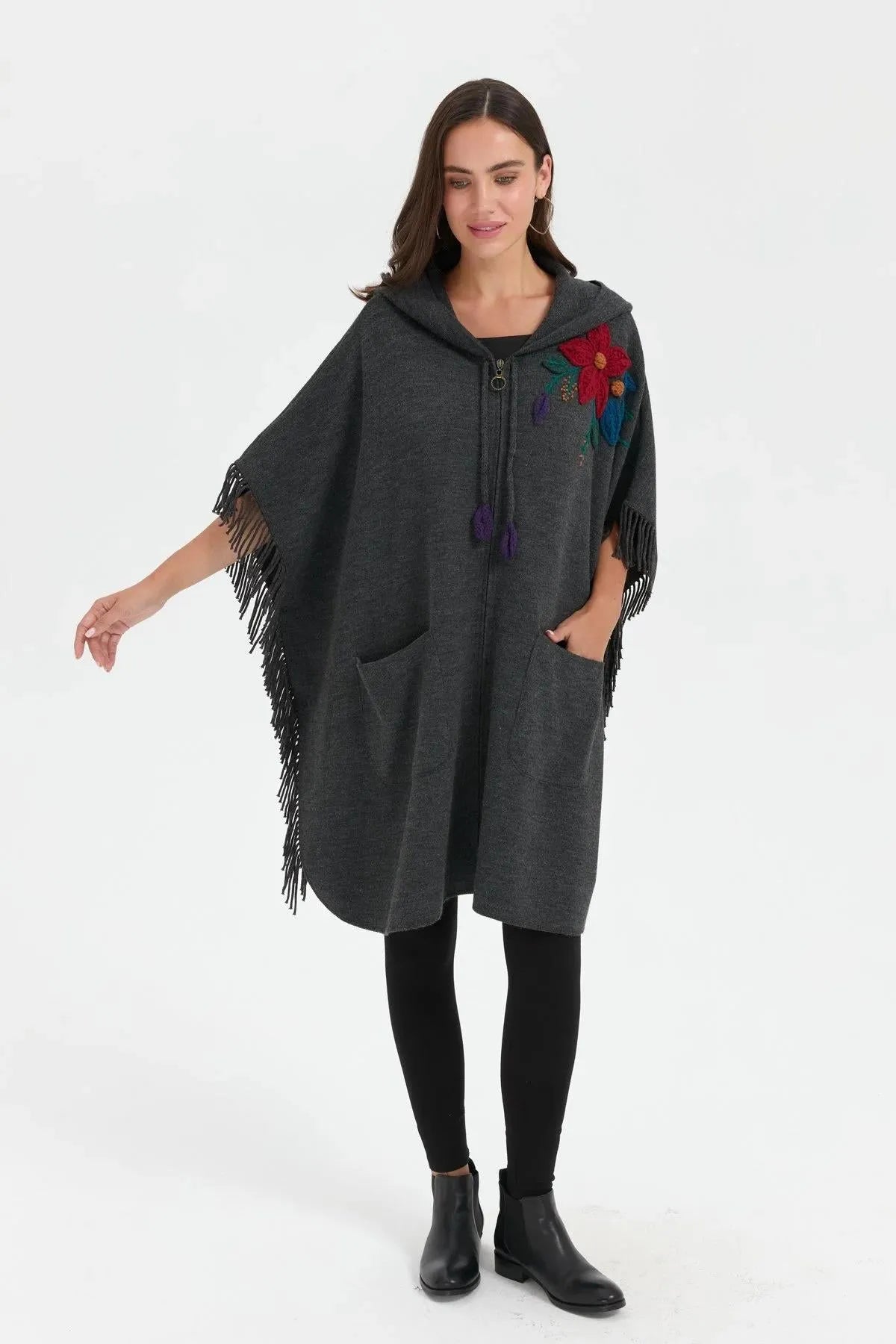 Hooded Shoulder Flower Embroidered Poncho 