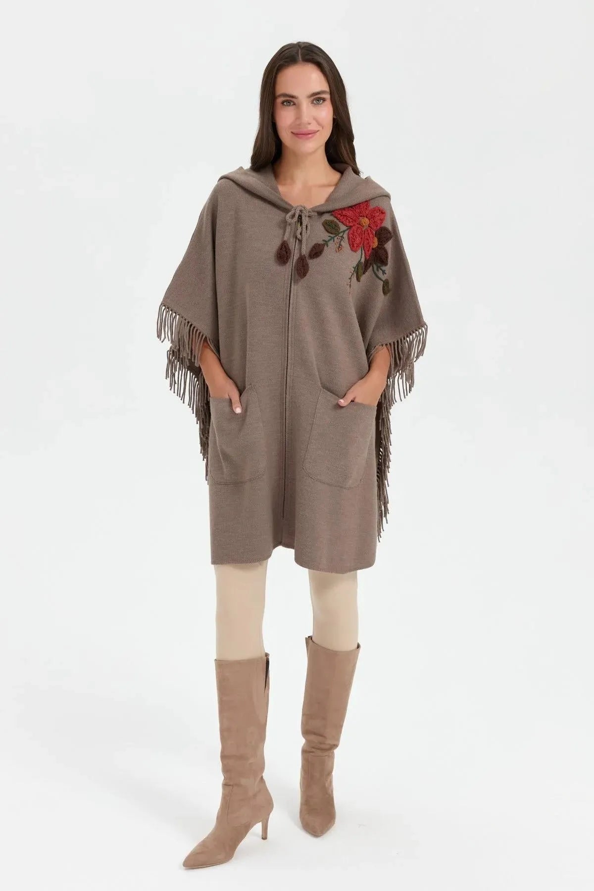 Hooded Shoulder Flower Embroidered Poncho 