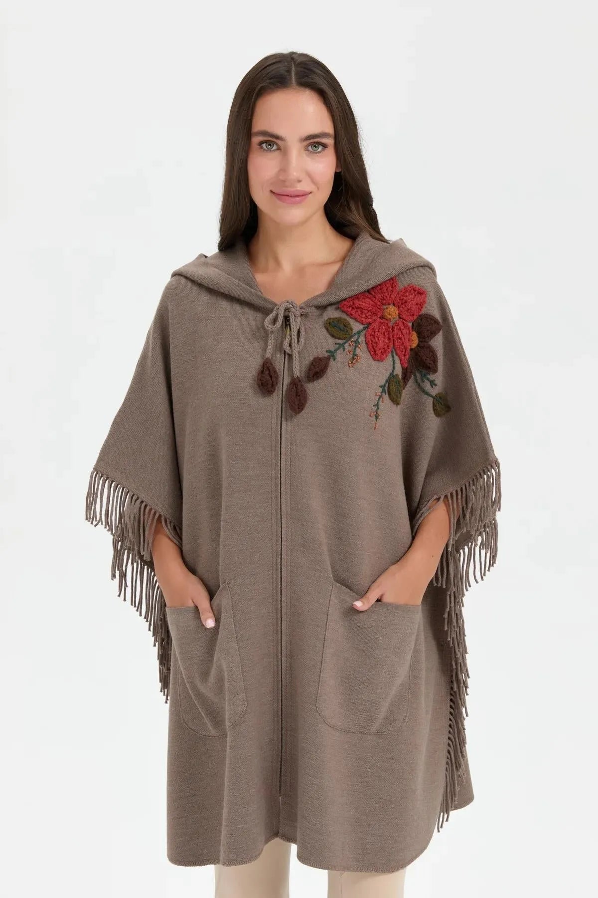 Hooded Shoulder Flower Embroidered Poncho 