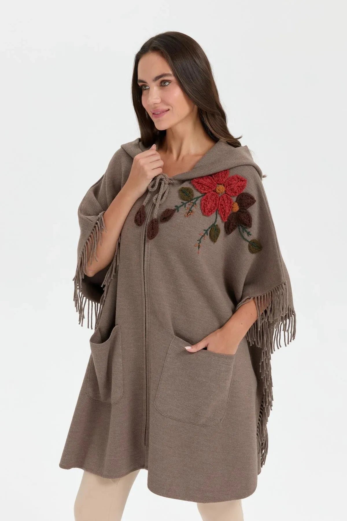 Hooded Shoulder Flower Embroidered Poncho 