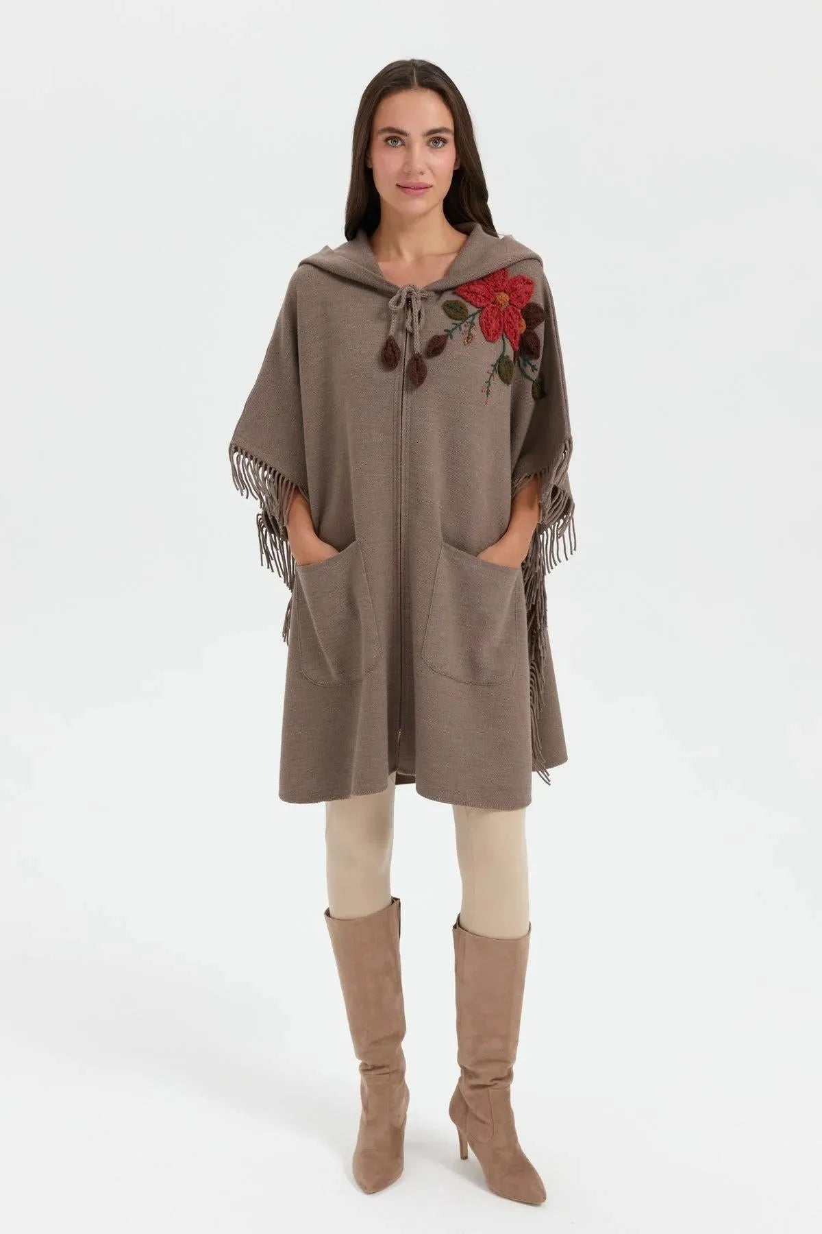 Hooded Shoulder Flower Embroidered Poncho 