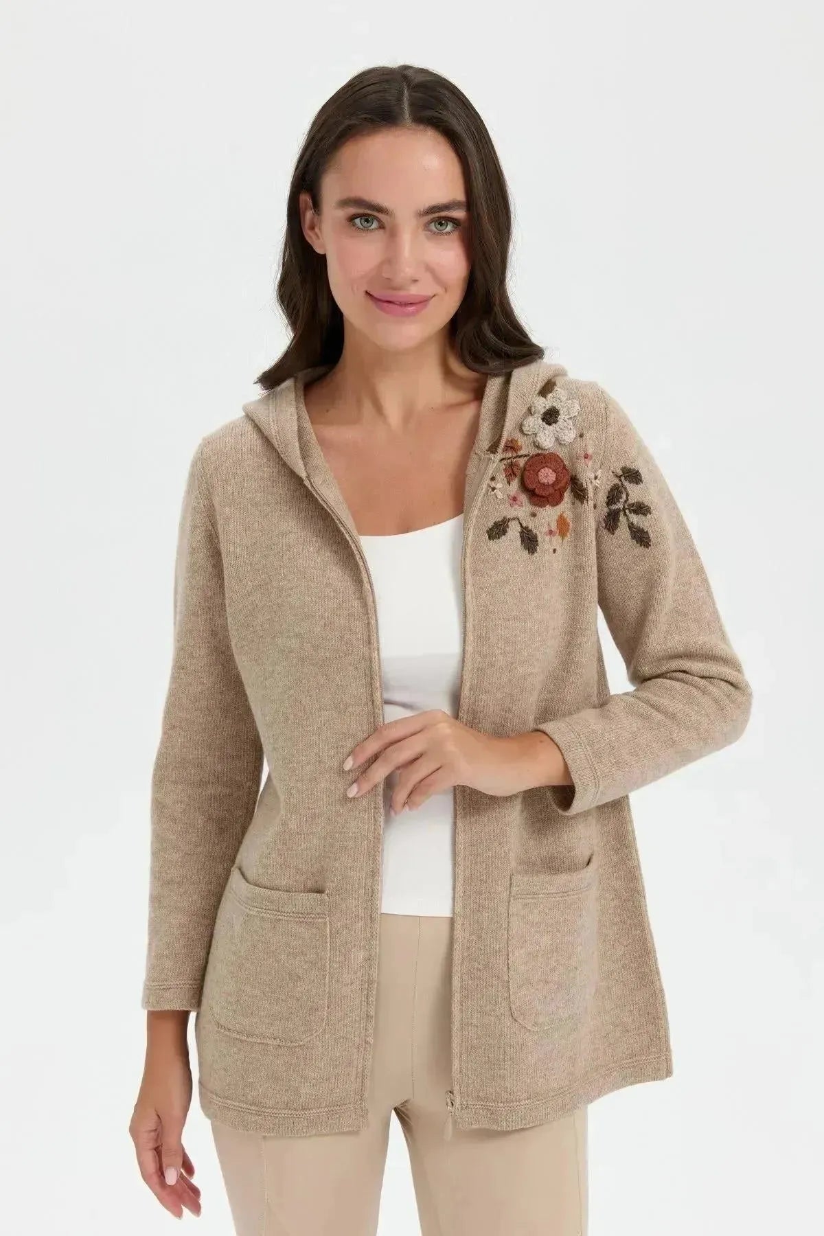 Women's Hooded Shoulder Embroidered Arabboy Wool Cardigan 