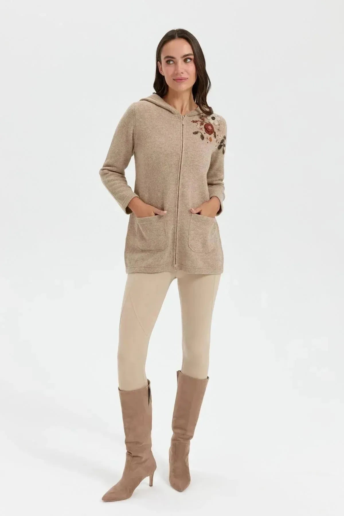 Women's Hooded Shoulder Embroidered Arabboy Wool Cardigan 