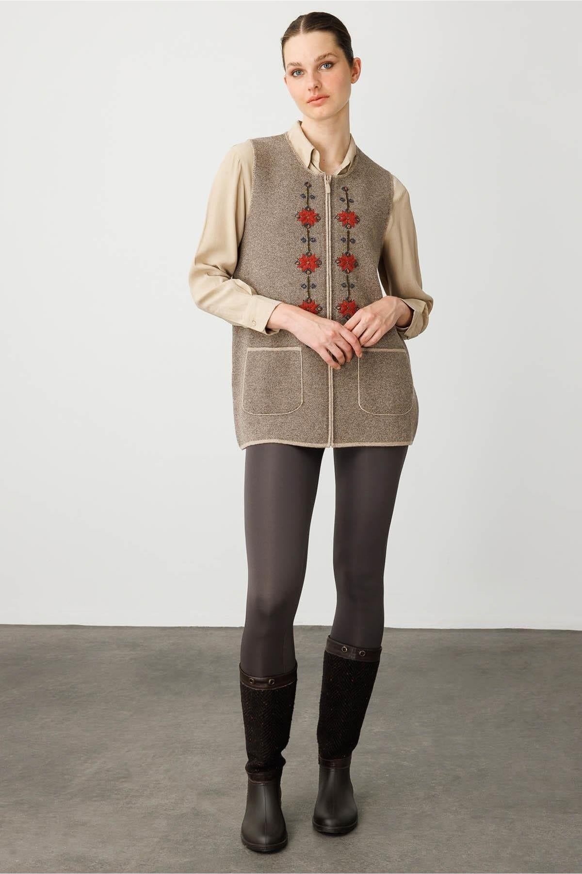 Crew Neck Embroidered Front Zippered Vest 