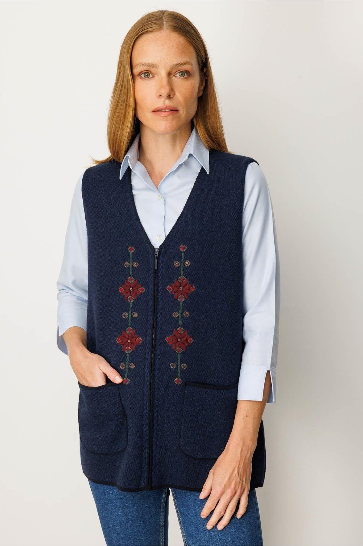 V-Neck Embroidered Zippered Short Vest 