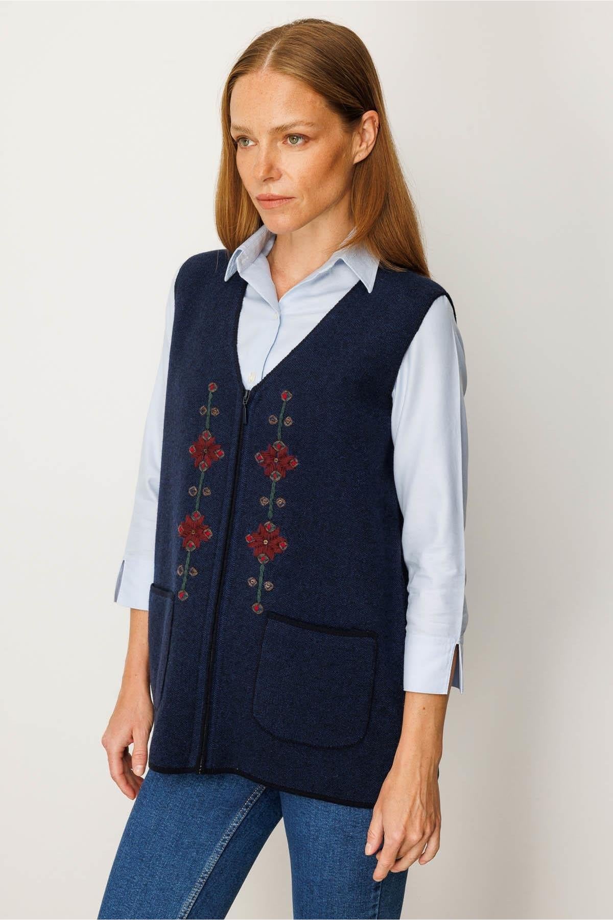 V-Neck Embroidered Zippered Short Vest 