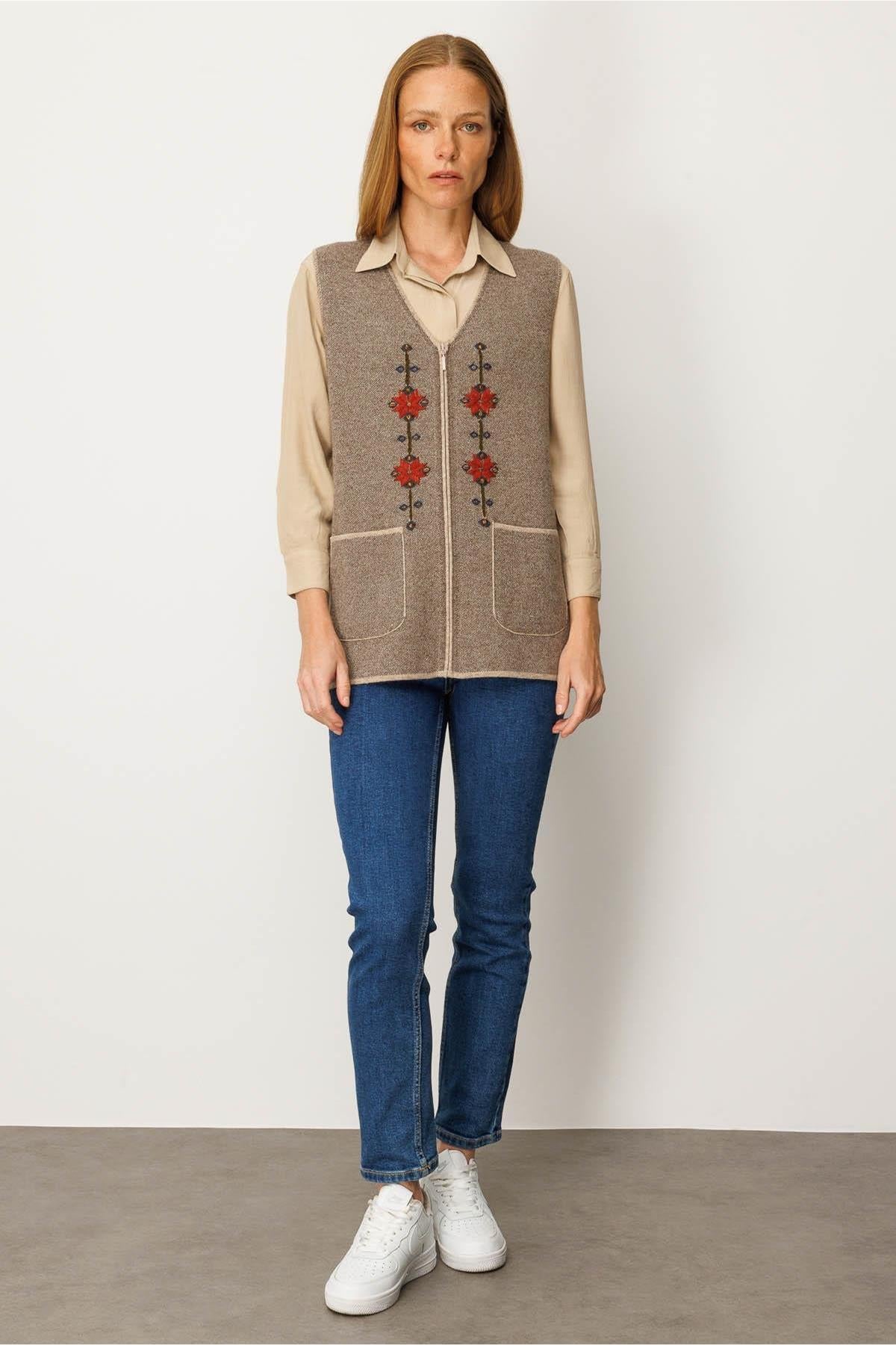 V-Neck Embroidered Zippered Short Vest 