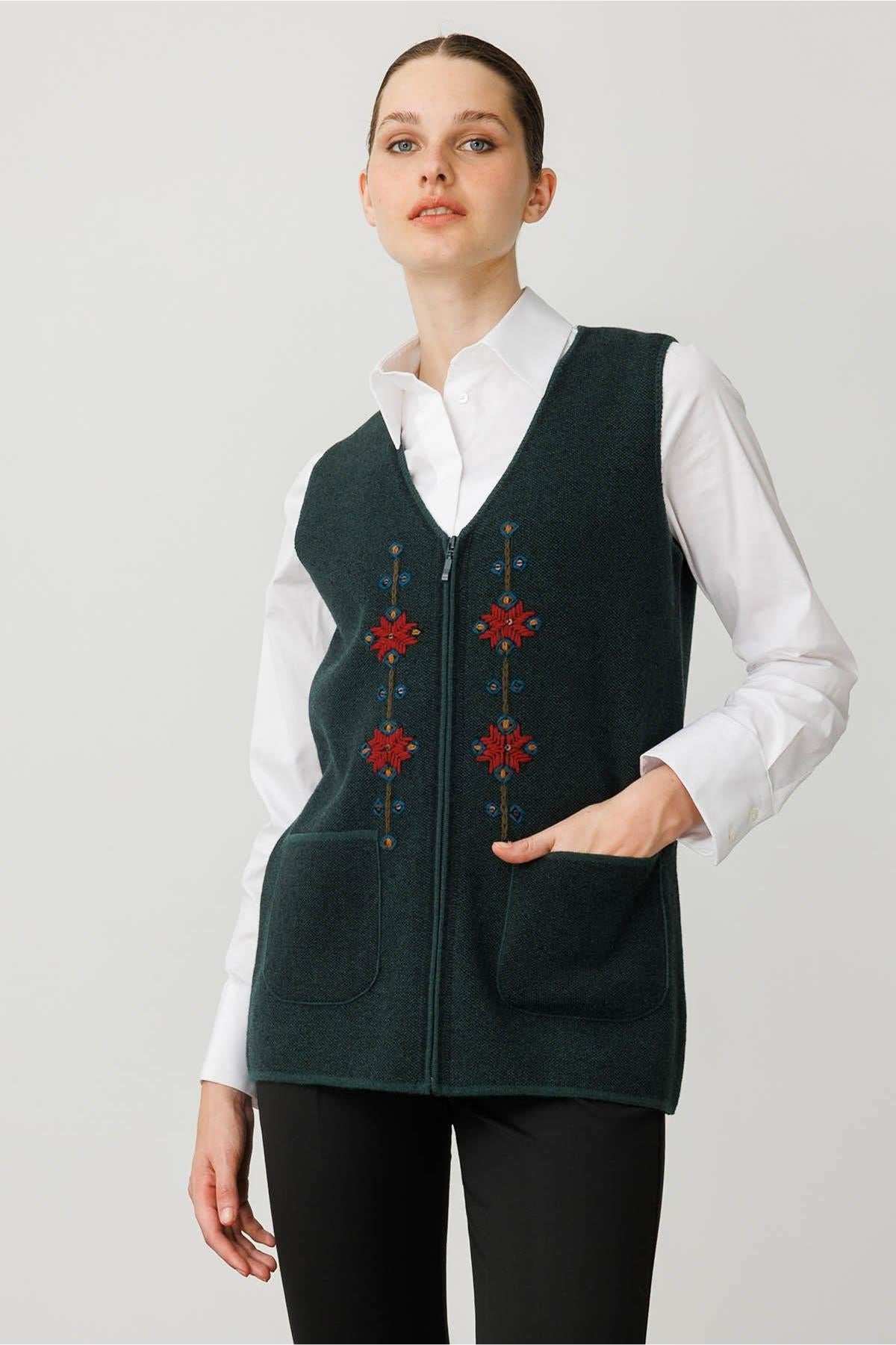 V-Neck Embroidered Zippered Short Vest 