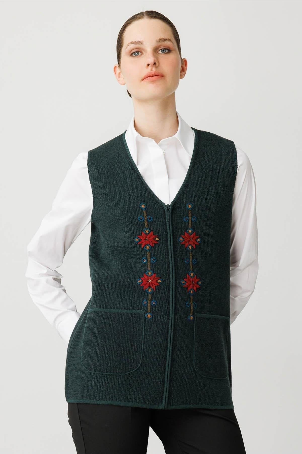 V-Neck Embroidered Zippered Short Vest 