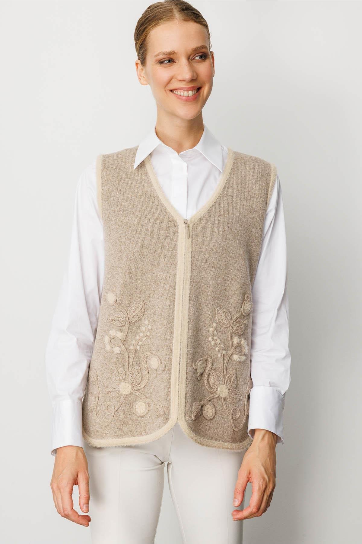 V-Neck Front Zippered Vest with Leaf and Floral Detail 