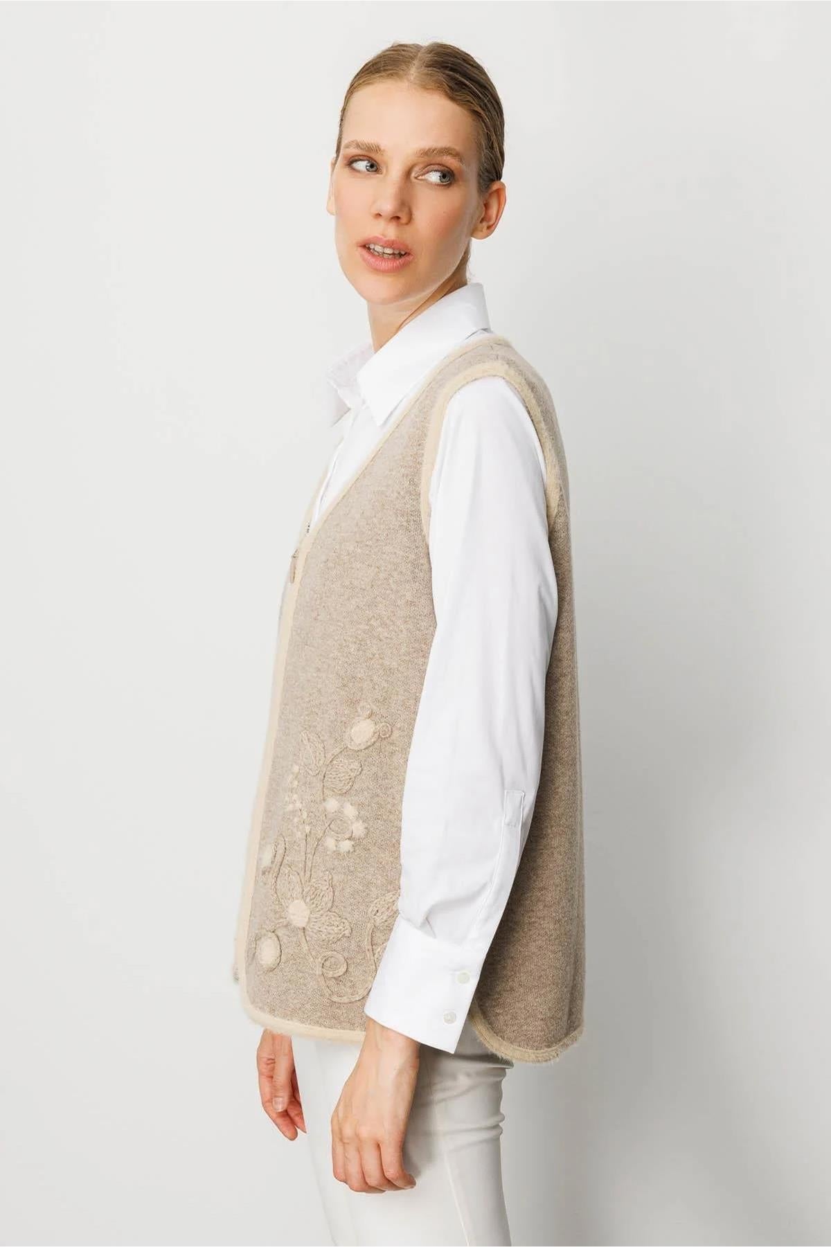 V-Neck Front Zippered Vest with Leaf and Floral Detail 