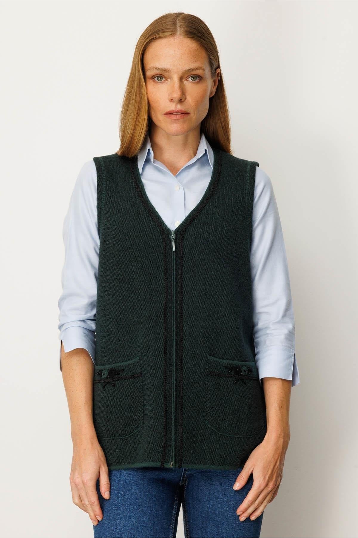V-Neck Pocket Embroidered Zippered Vest