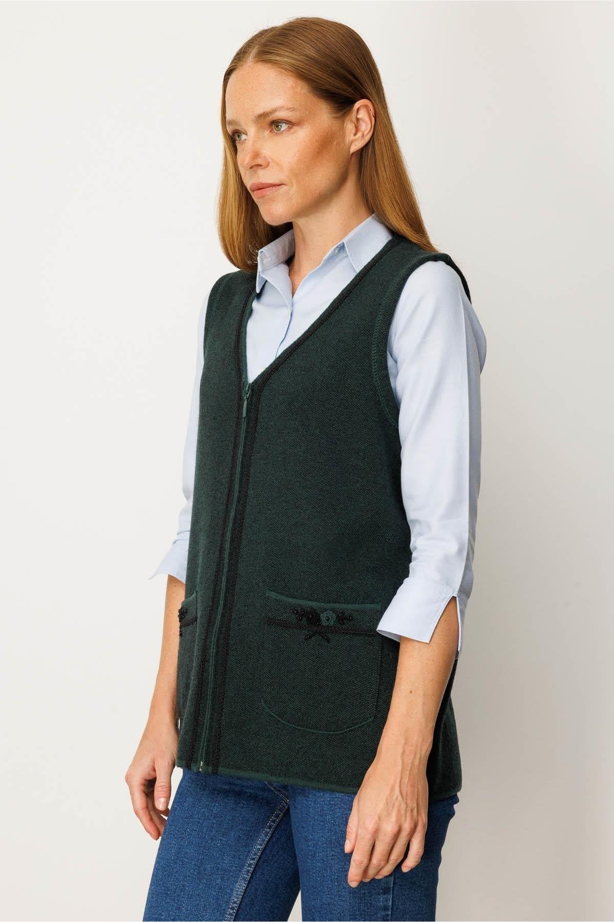 V-Neck Pocket Embroidered Zippered Vest
