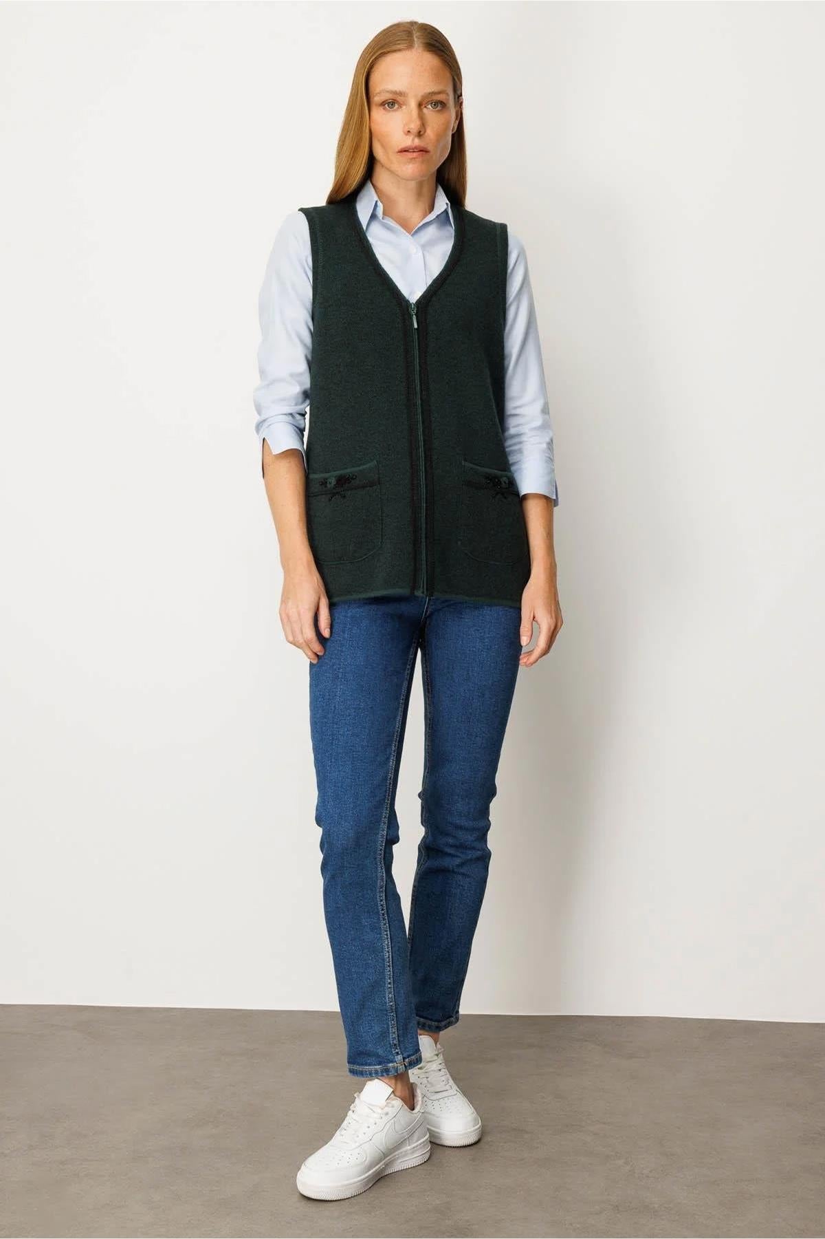 V-Neck Pocket Embroidered Zippered Vest
