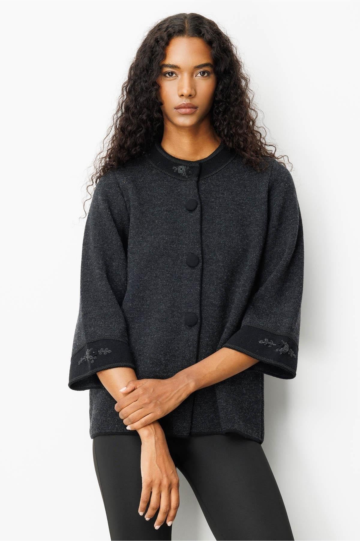 Stand Collar Jacket with Embroidered Sleeves and Collar 
